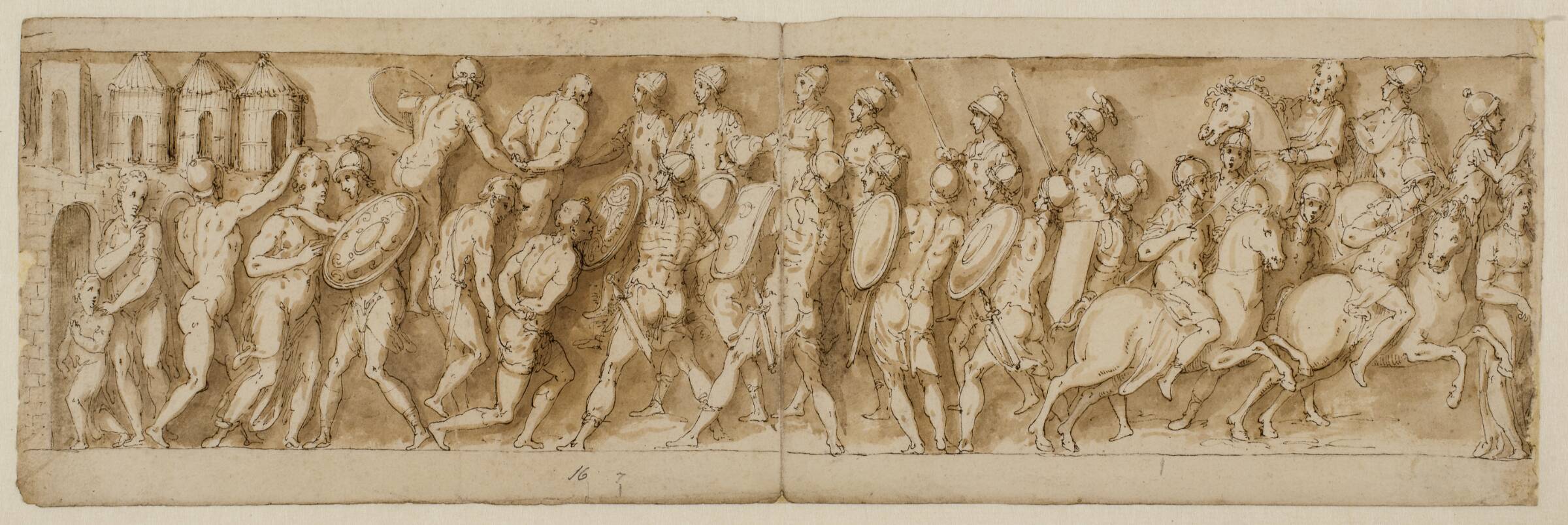 Sarmatiske ledere tages til fange af romerne under et overraskelsesangreb, og der sættes ild på deres huse; legionærer og kejseren ankommer, Джованни Гуэрра, 1544-1618