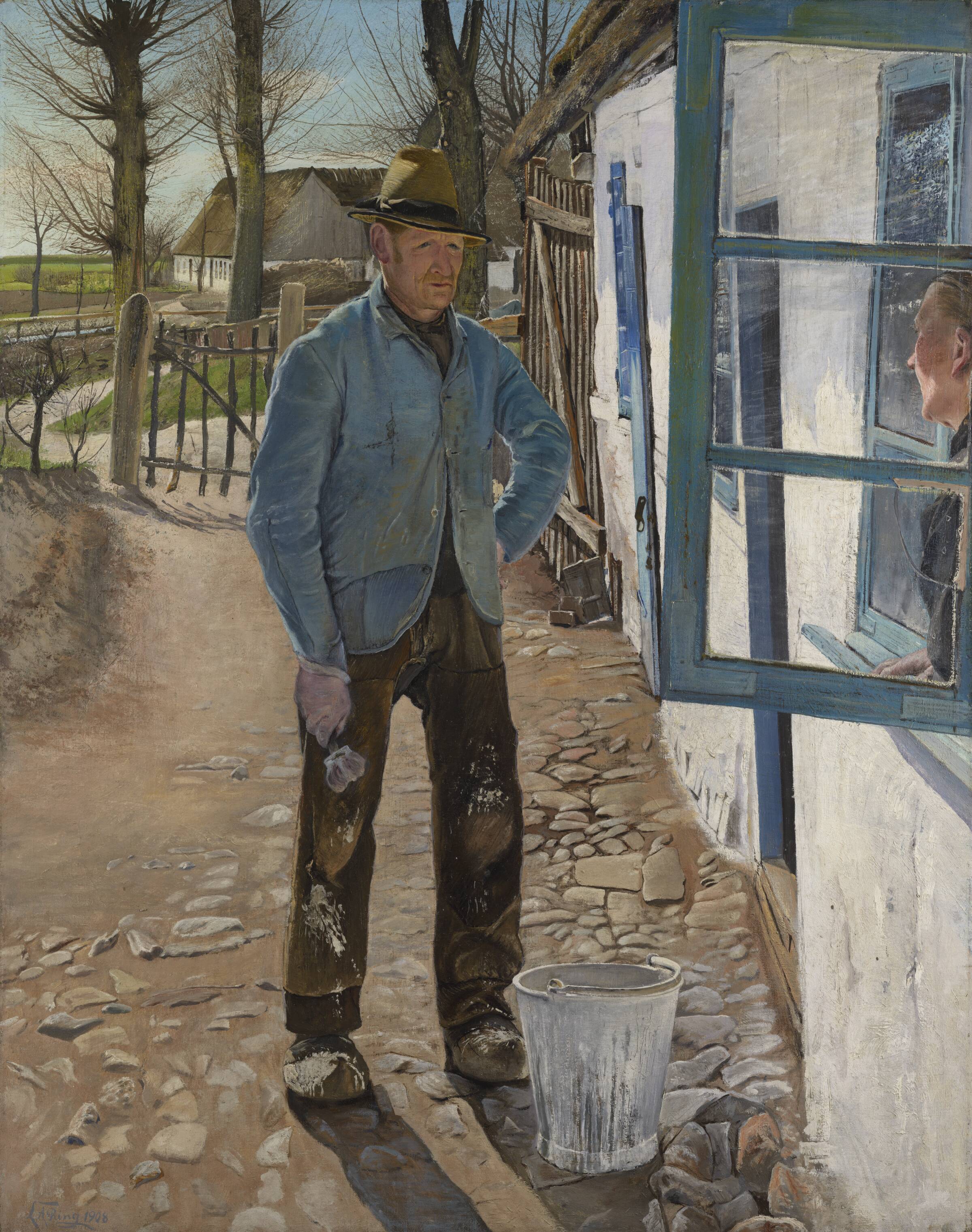 Kalkemanden. Det gamle hus bliver pudset op, L.A. Ring, 1908