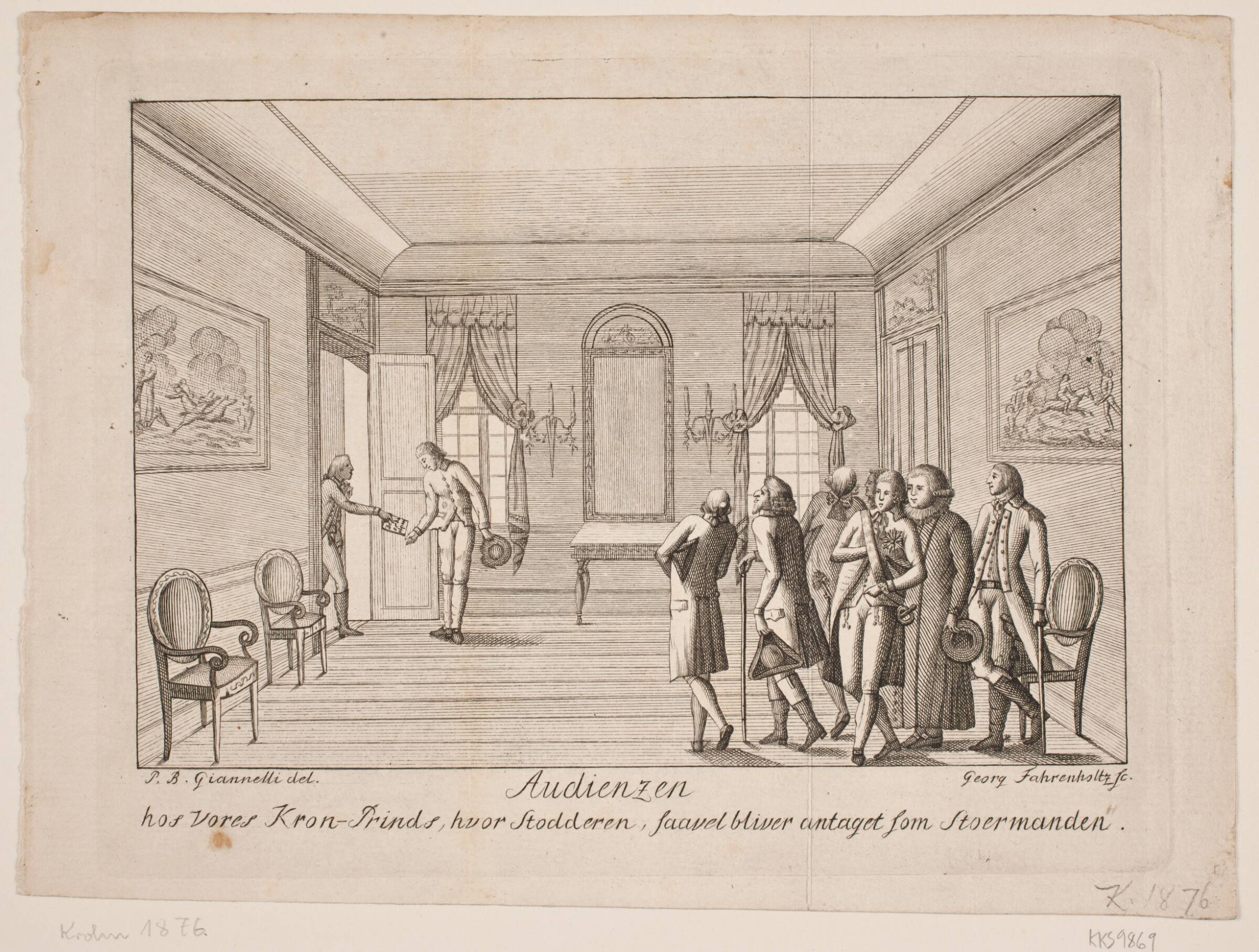 Titelkobber. Audiensen hos vores kronprins, hvor stodderen såvel bliver antaget som stormanden, Georg Fahrenholtz, 1800