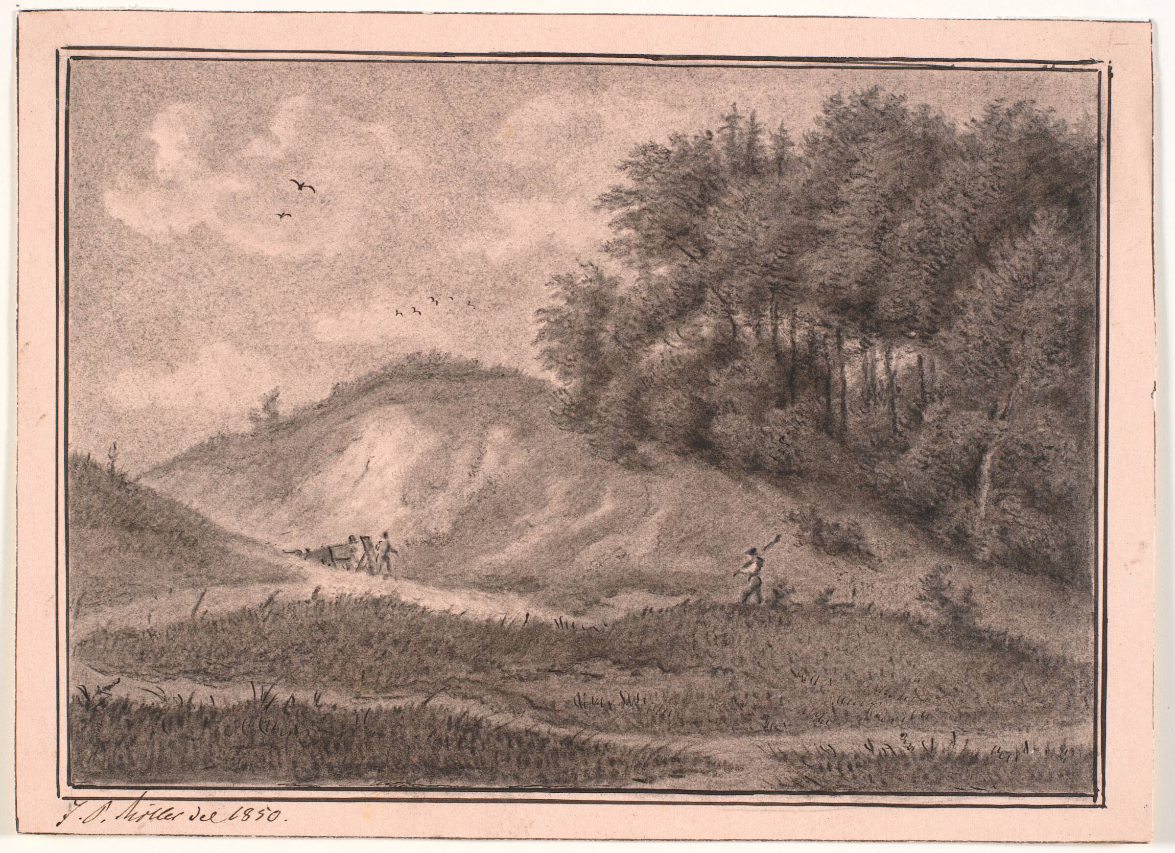 Bakket terræn med grusgrav og træer, J.P. Møller, 1850