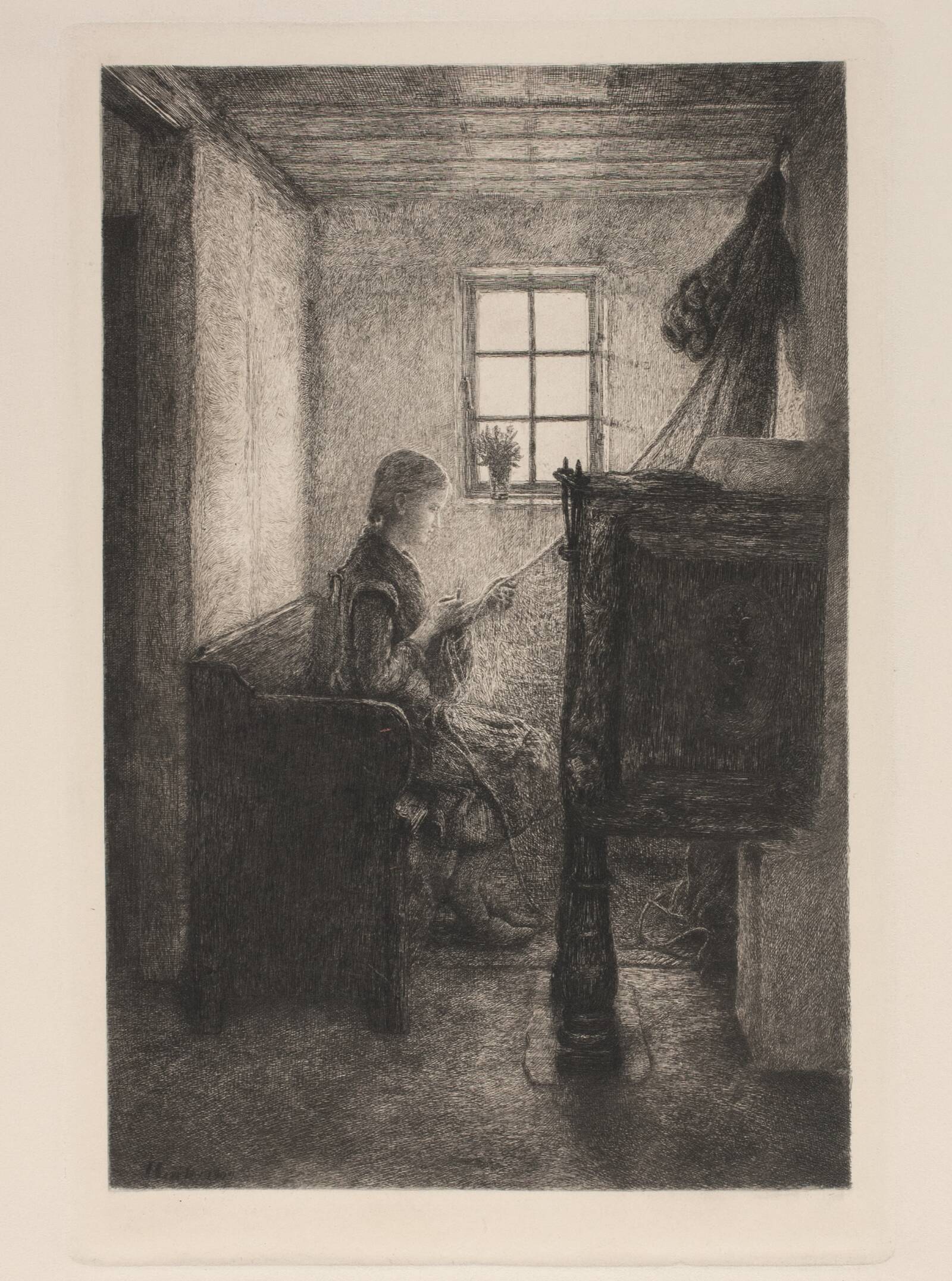 Ung pige, som bøder et fiskenet, John Lübschitz, 1904