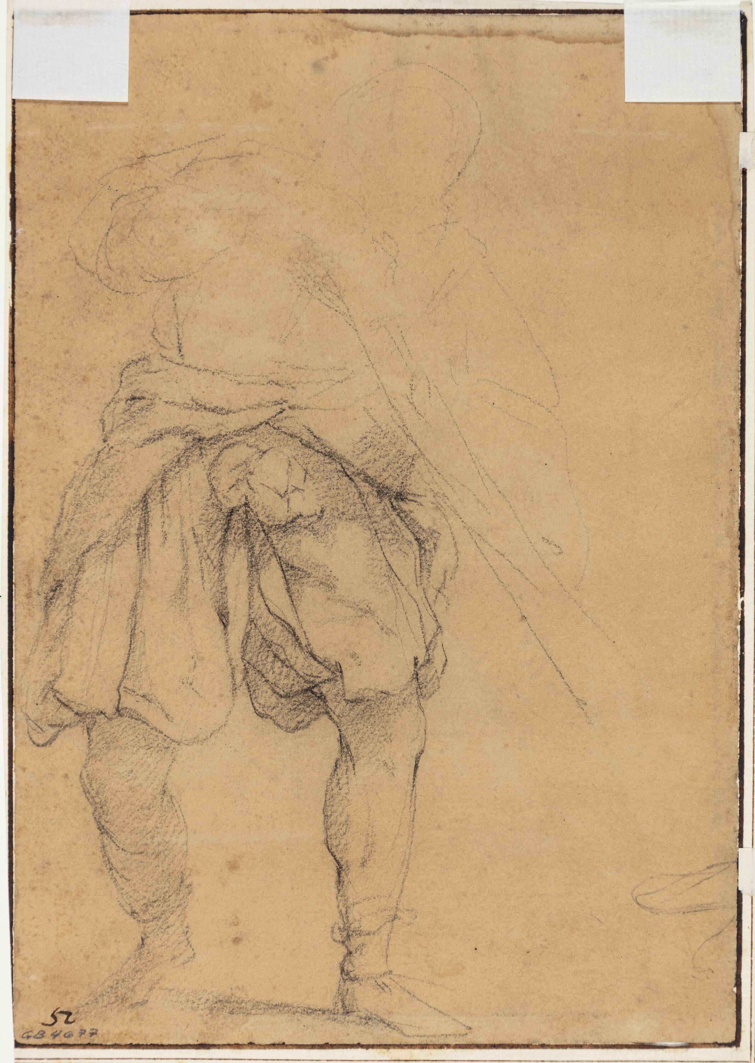 Draperistudie af en mand pegende nedad med en bøsse, Filippo Paladini, 1544-1615