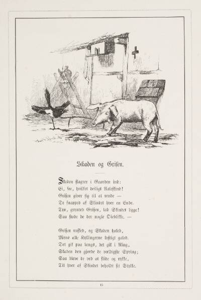 Skaden og Grisen. Illustration til H.V. Kaalund, "Fabler for Børn"