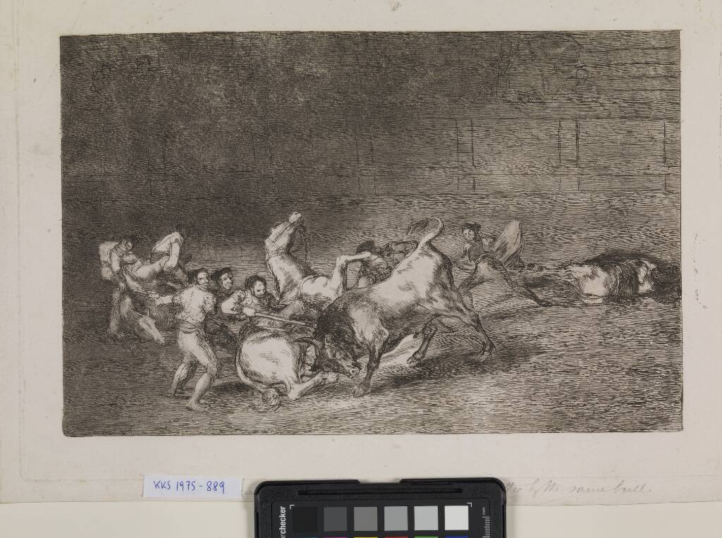 To hold picadorer bliver et efter et væltet omkuld af en enkelt tyr, Francisco de Goya, 1815-1816