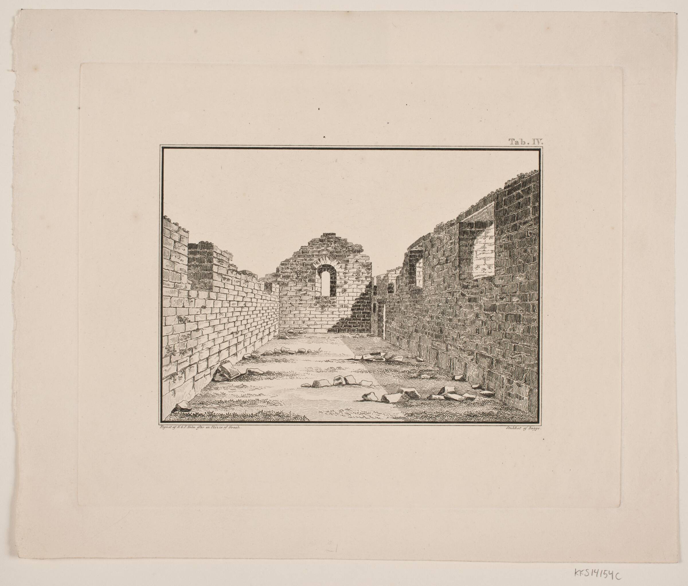 Kirkeruin på Grønland. Illustration til W.A. Graah. Undersøgelsesrejse til østkysten af Grønland, Oluf Olufsen Bagge, 1832