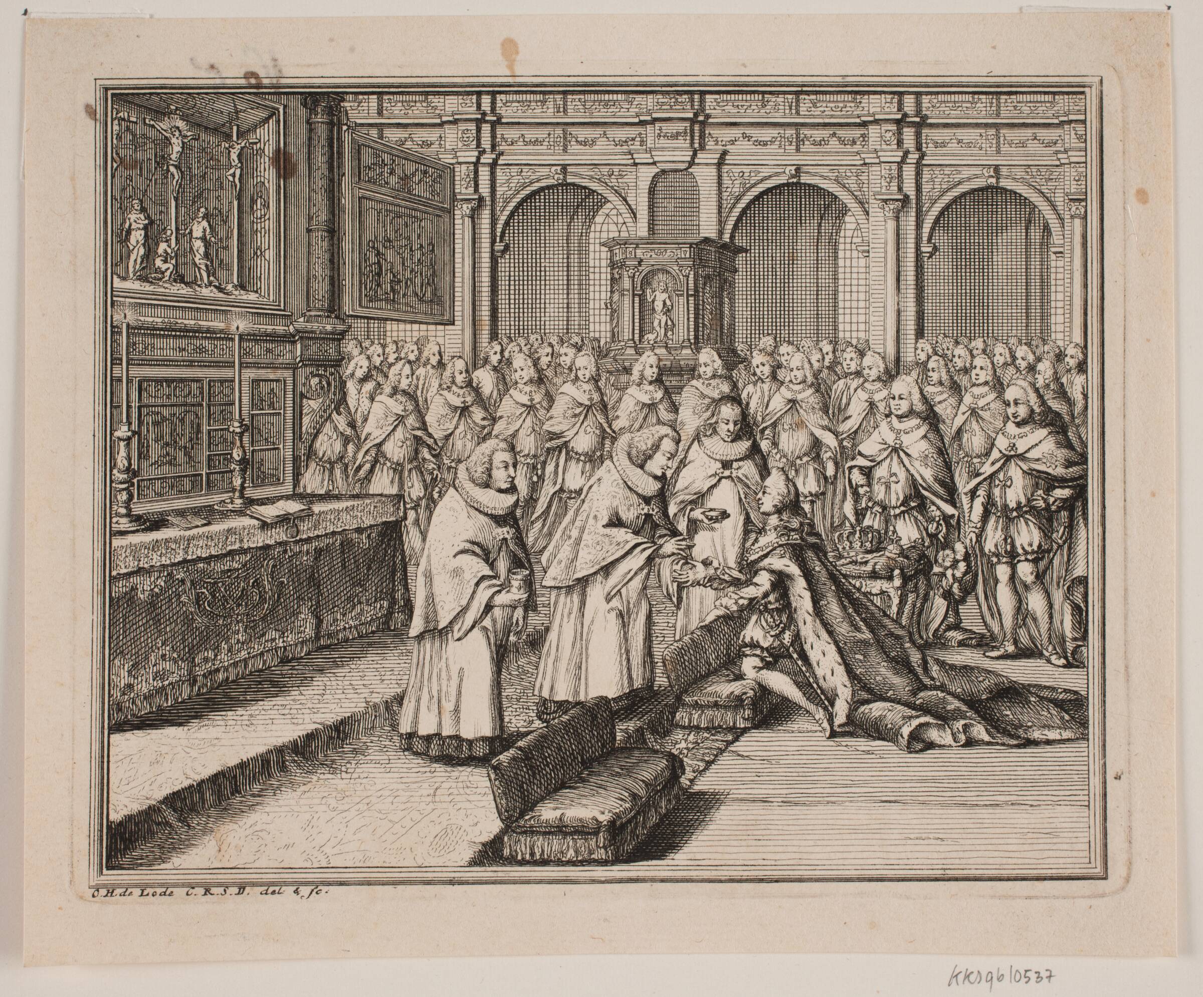 Biskop Hersleb salver Kong Frederik V i Frederiksborg Slotskirke. Illustration til Frederik d. IV's salvingsakt, Odvardt Helmoldt de Lode, 1726-1757