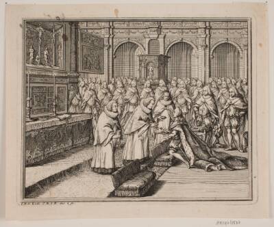 Biskop Hersleb salver Kong Frederik V i Frederiksborg Slotskirke. Illustration til Frederik d. IV's salvingsakt