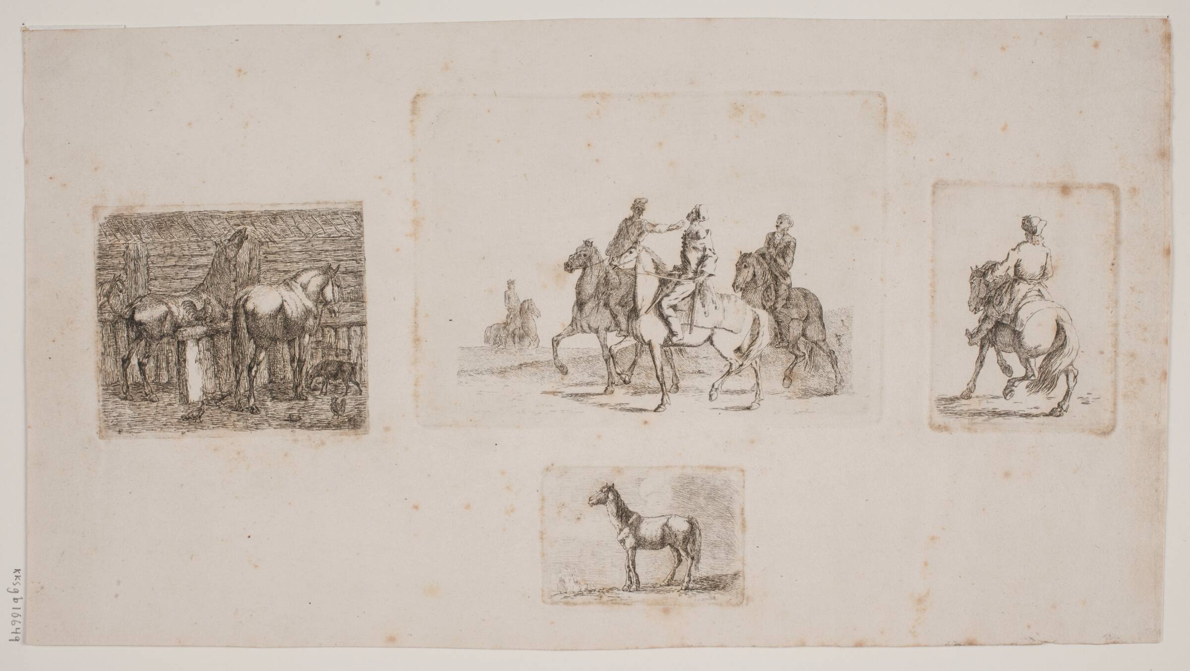 Ryttere og heste. Prøveblad med fire raderinger, Jørgen V. Sonne, 1818