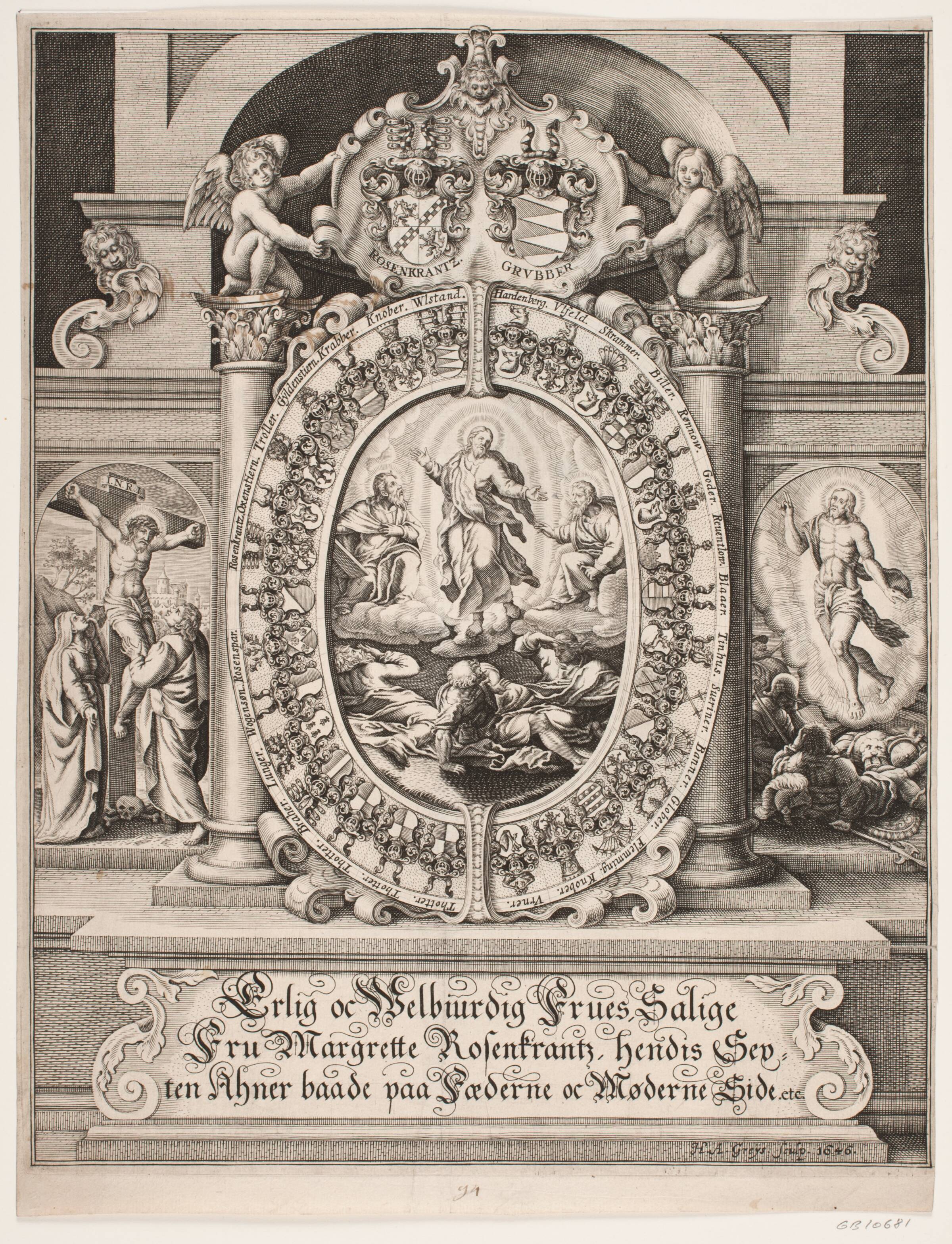 Christi forklarelse. Omgivet af Margrethe Rosenkrantz' aneskjolde, Hans Andreas Greys, 1646