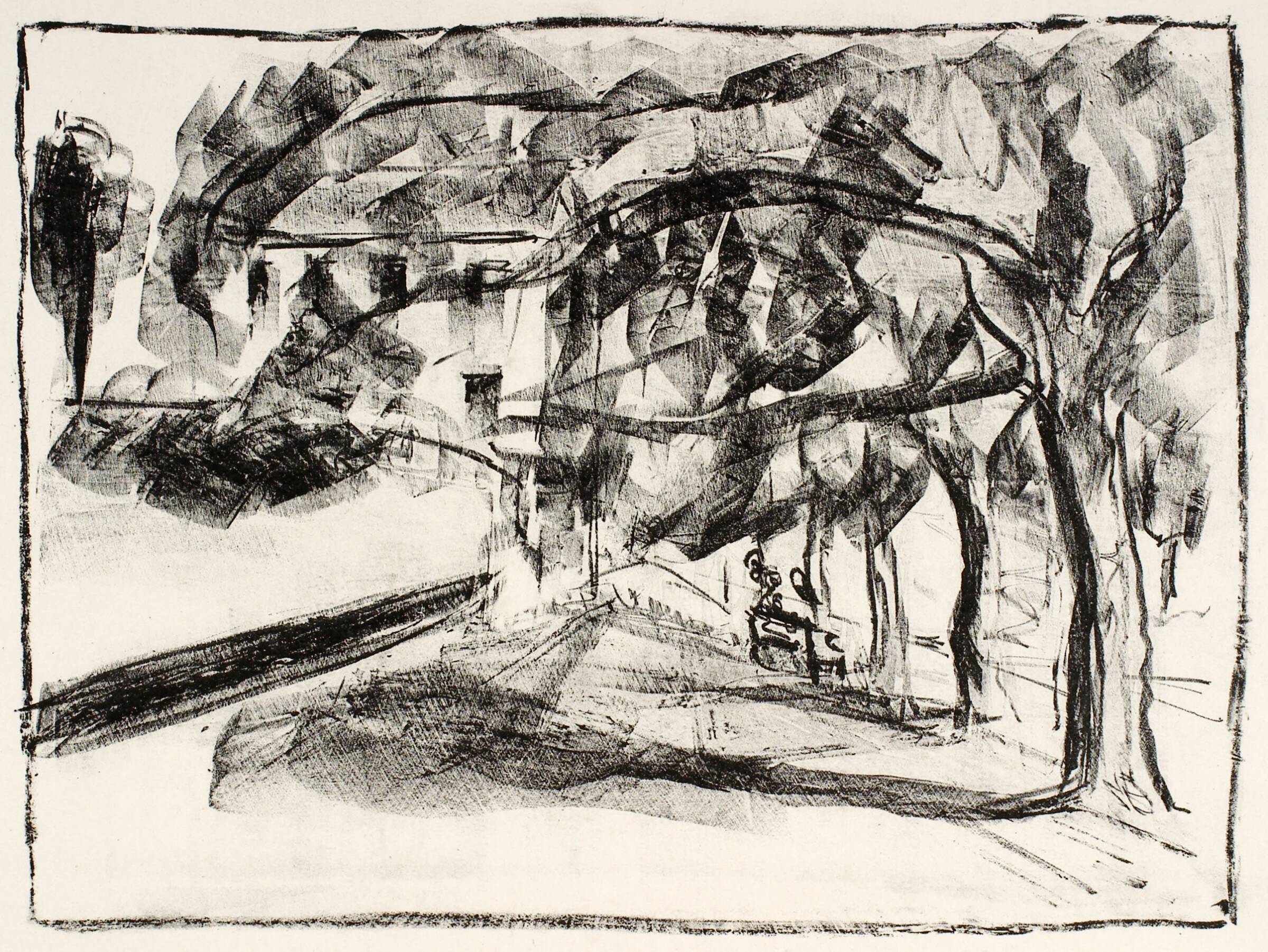 Gadeparti med huse og træer, Karl Larsen, 1919