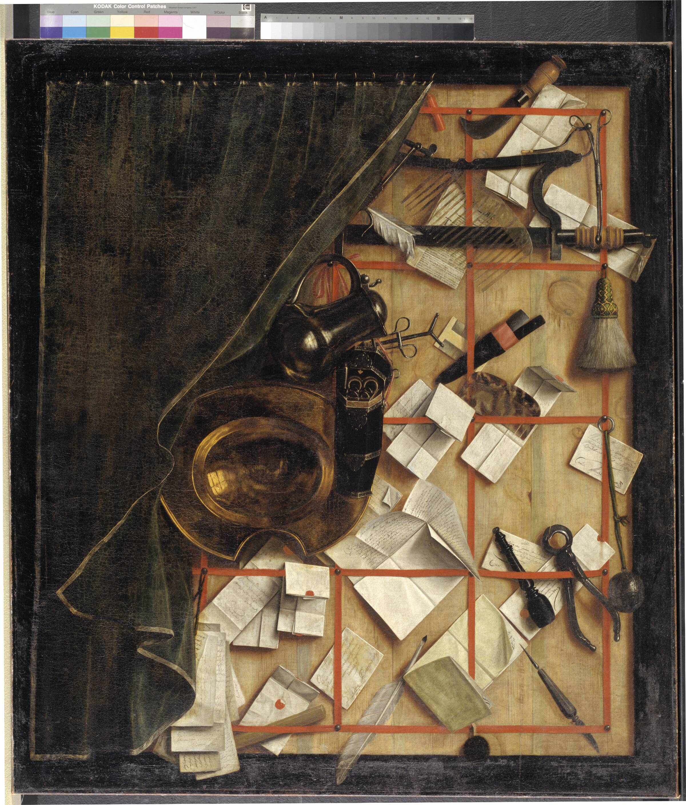 Trompe l'oeil. Brevvæg med bartskær-instrumenter, Cornelius Norbertus Gijsbrechts, 1668