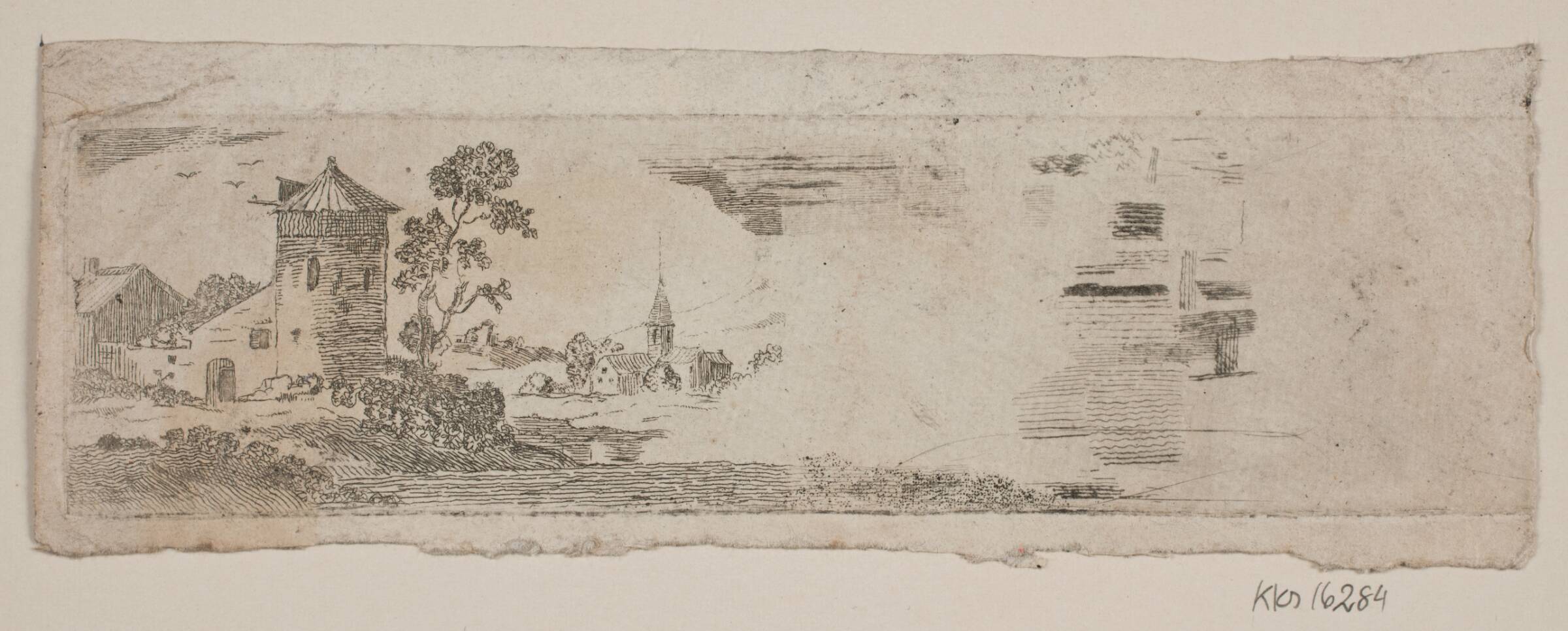 Prøveblad af landskab med borg og kirke, Gerhard Ludvig Lahde, 1788