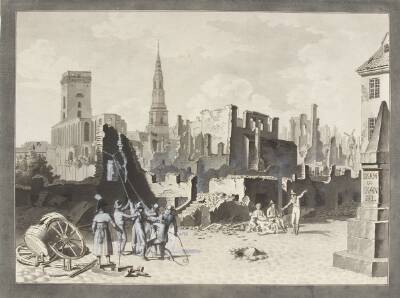 Ulfeldts Plads, det nuværende Gråbrødretorv, efter englændernes bombardement i september 1807