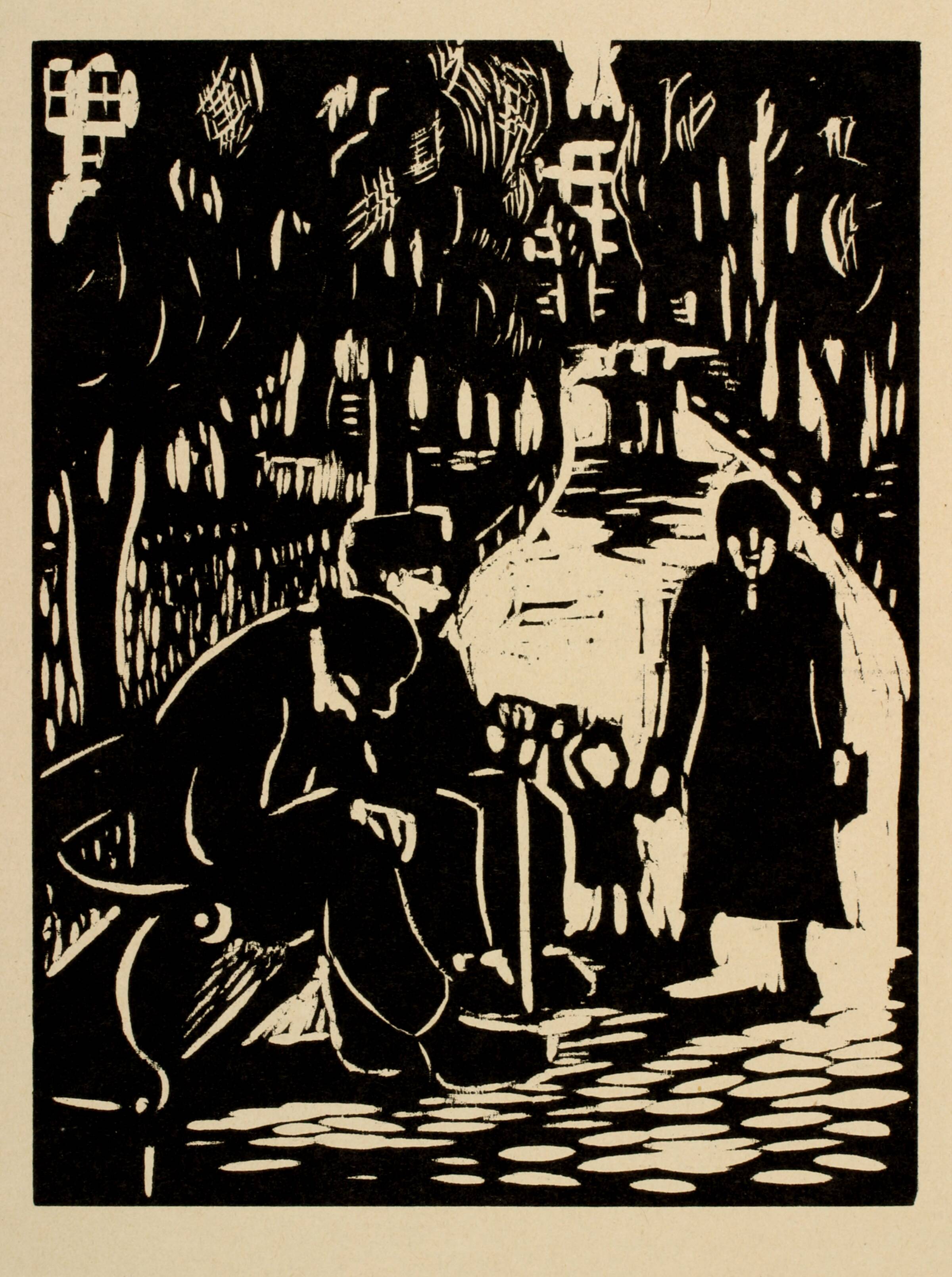 To ældre mennesker på en bænk samt gående kvinde med et barn, Kaj Ejstrup, 1935
