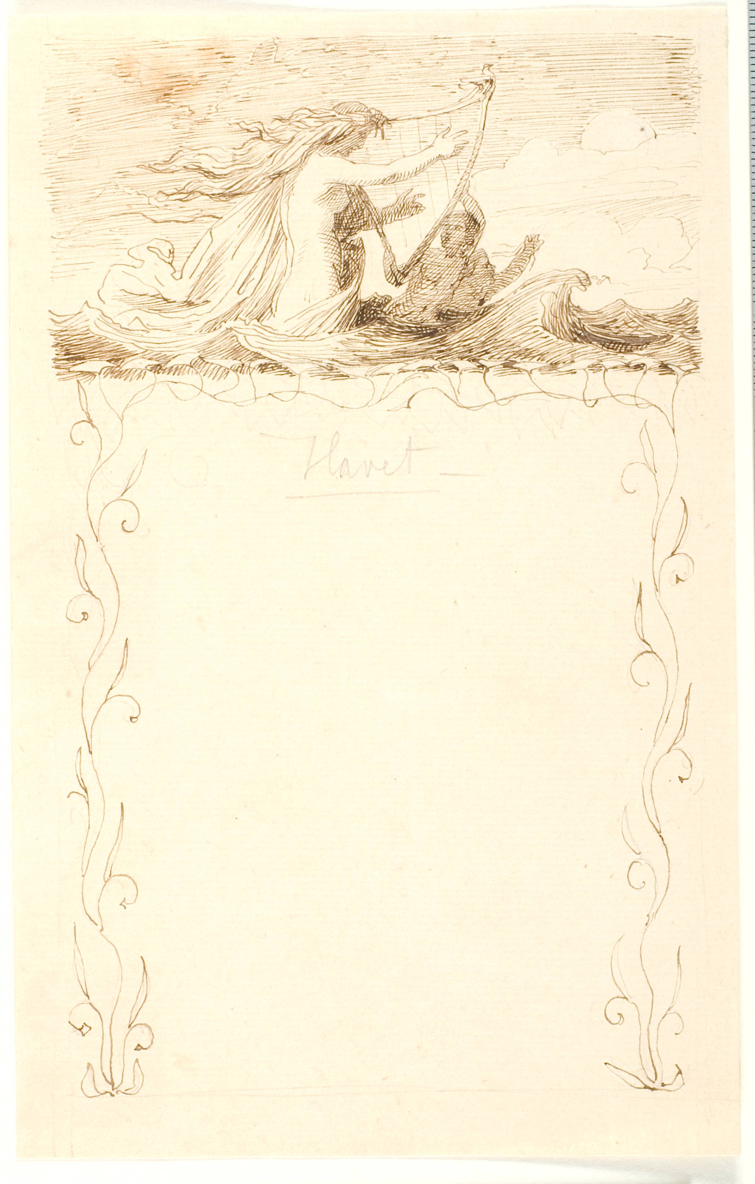 Vignet med harpespillende havfrue; herunder ornamentindramning, Lorenz Frølich, 1835-1908