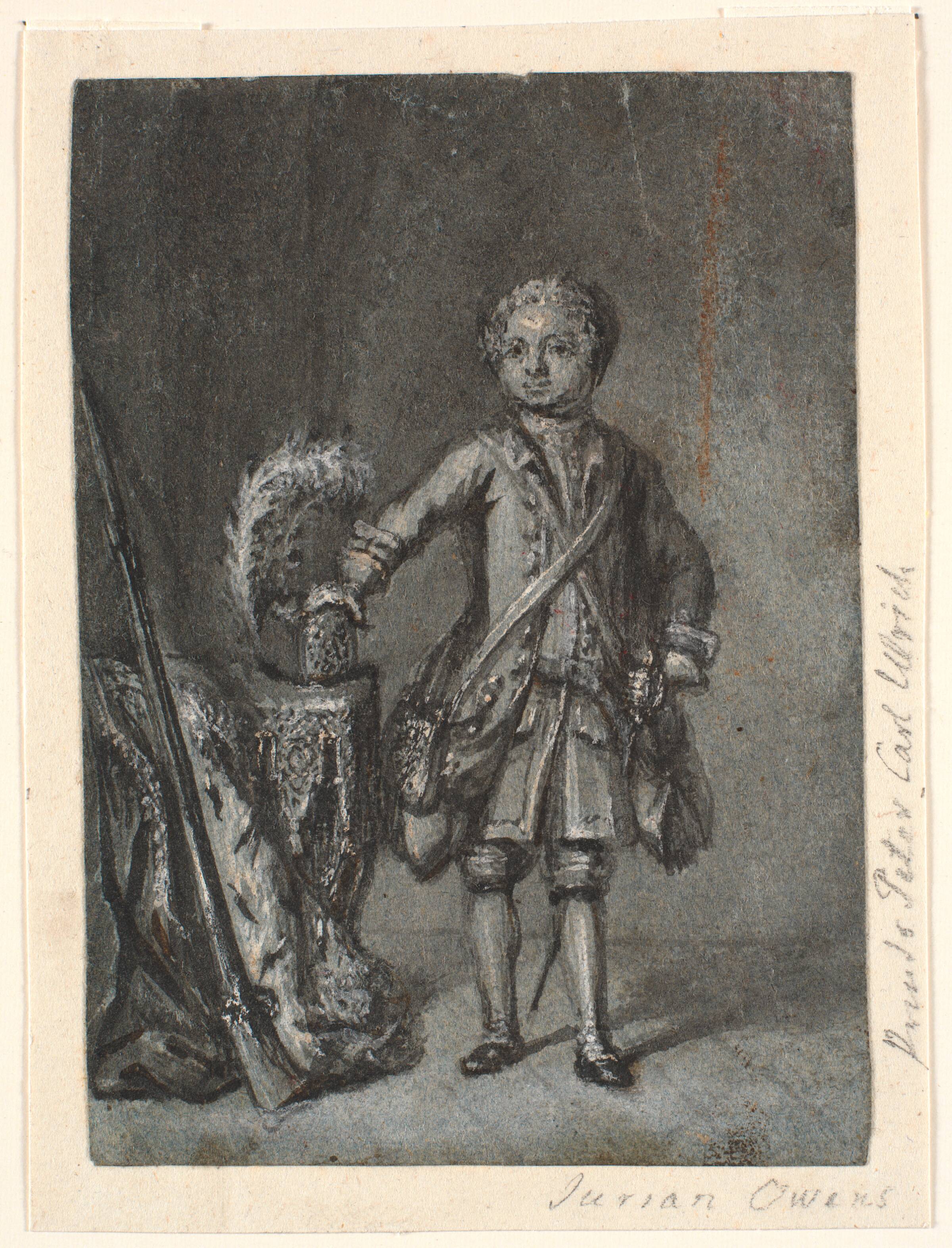Portræt af stående dreng i jagtudstyr; t.v. bord med jagthat og langløbet gevær. Prins Peter Carl Ulrich?, Jürgen Ovens, 1600-1699