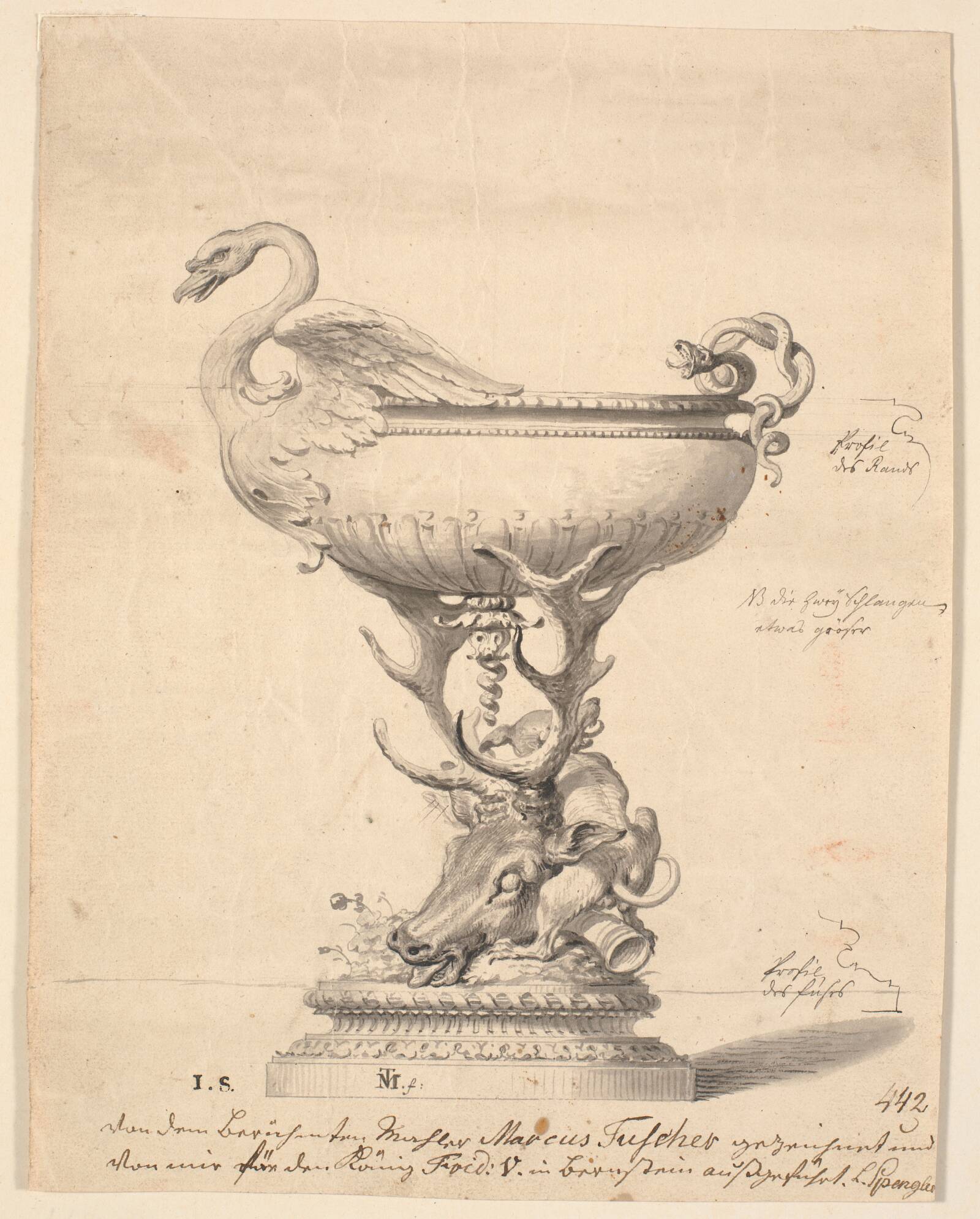 Skål båret af hjortehoved, Marcus Tuscher, 1746-1749