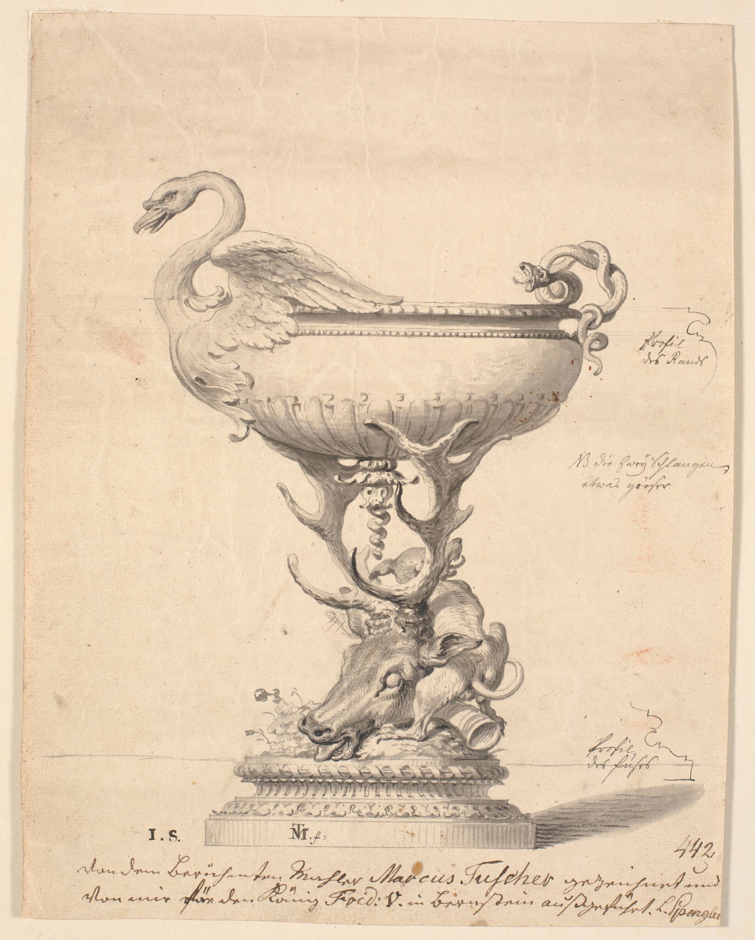 Skål båret af hjortehoved, Marcus Tuscher, 1746-1749