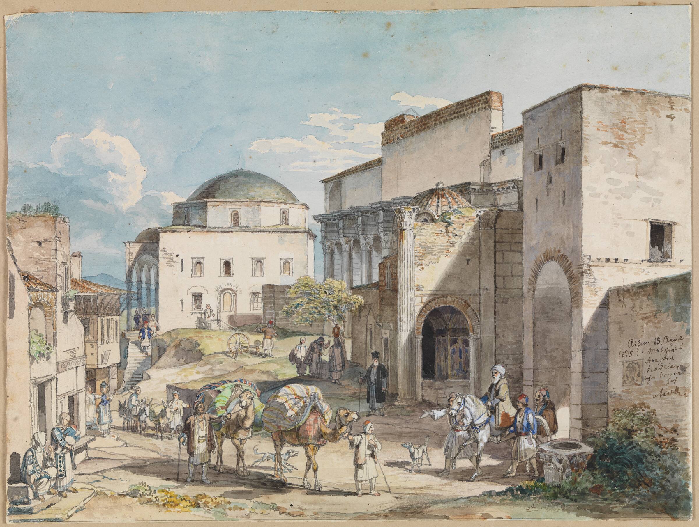 Gadeparti i Athen. Med Hadji Hazekis' palads og Tzistarakis Moskeen, Carl Wilhelm Heideck, 1835