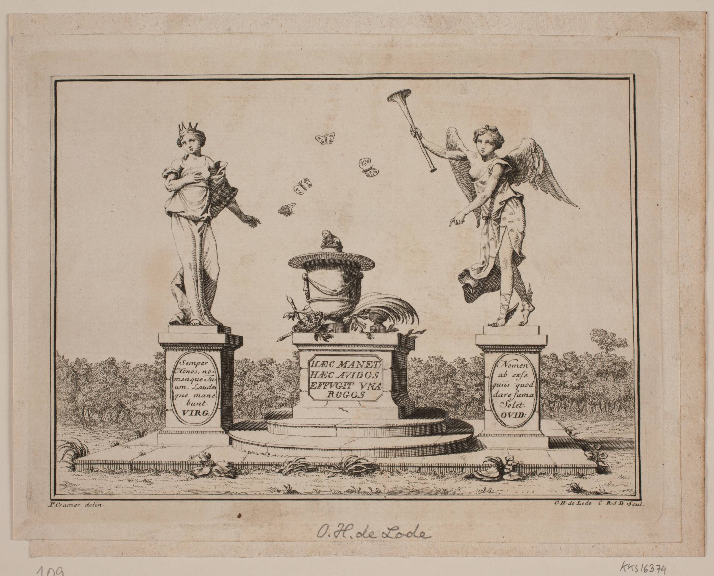 Vignet med en Vase og to Statuer, Odvardt Helmoldt de Lode, 1726-1757
