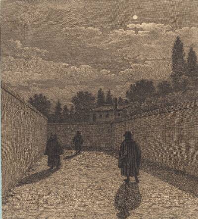 Måneskin over en vej med tre figurer. Illustration til "Linearperspectiven", Tavle IV