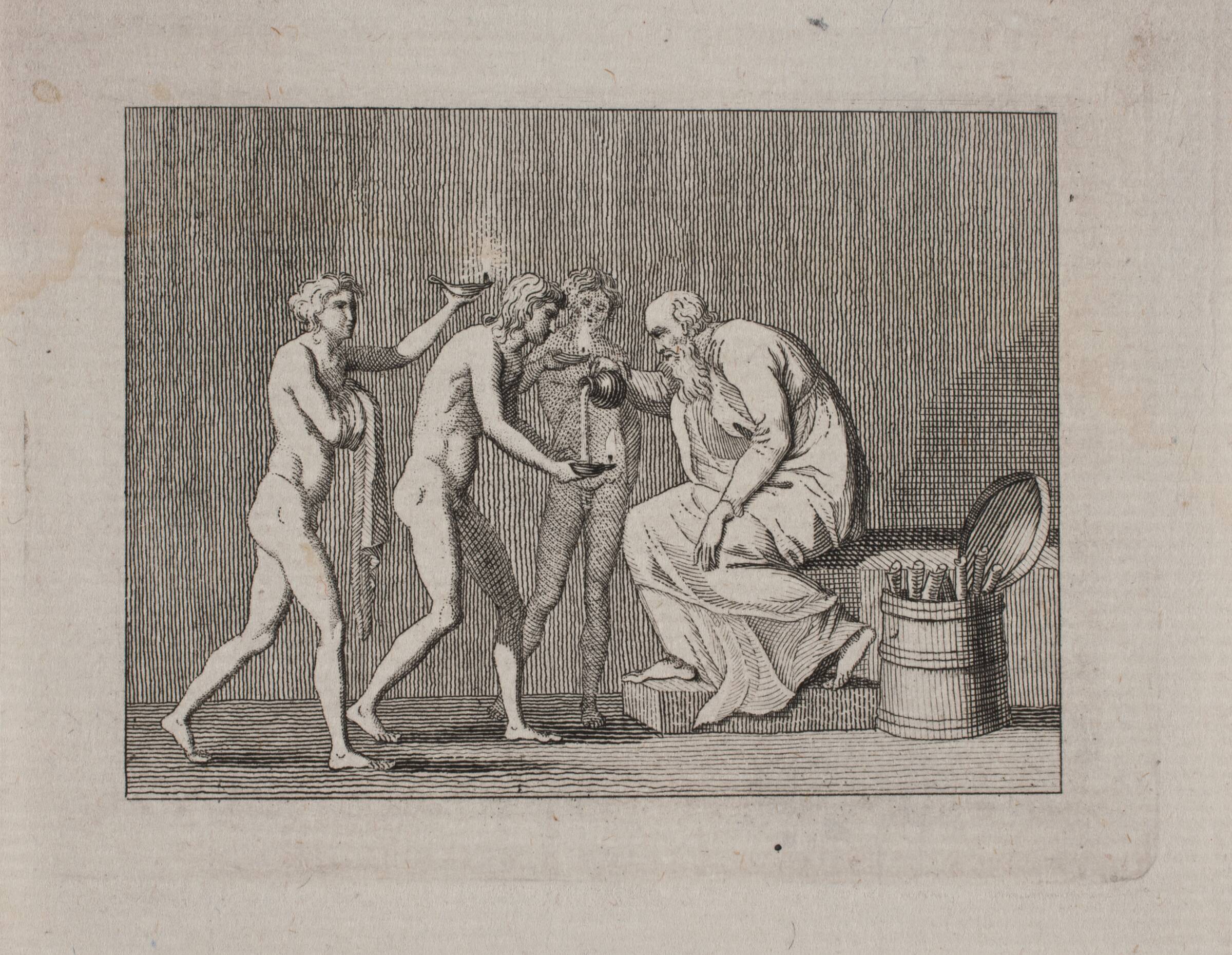 Allegori med tre ynglinge og en gammel mand i antik dragt., Gerhard Ludvig Lahde, 1765-1833