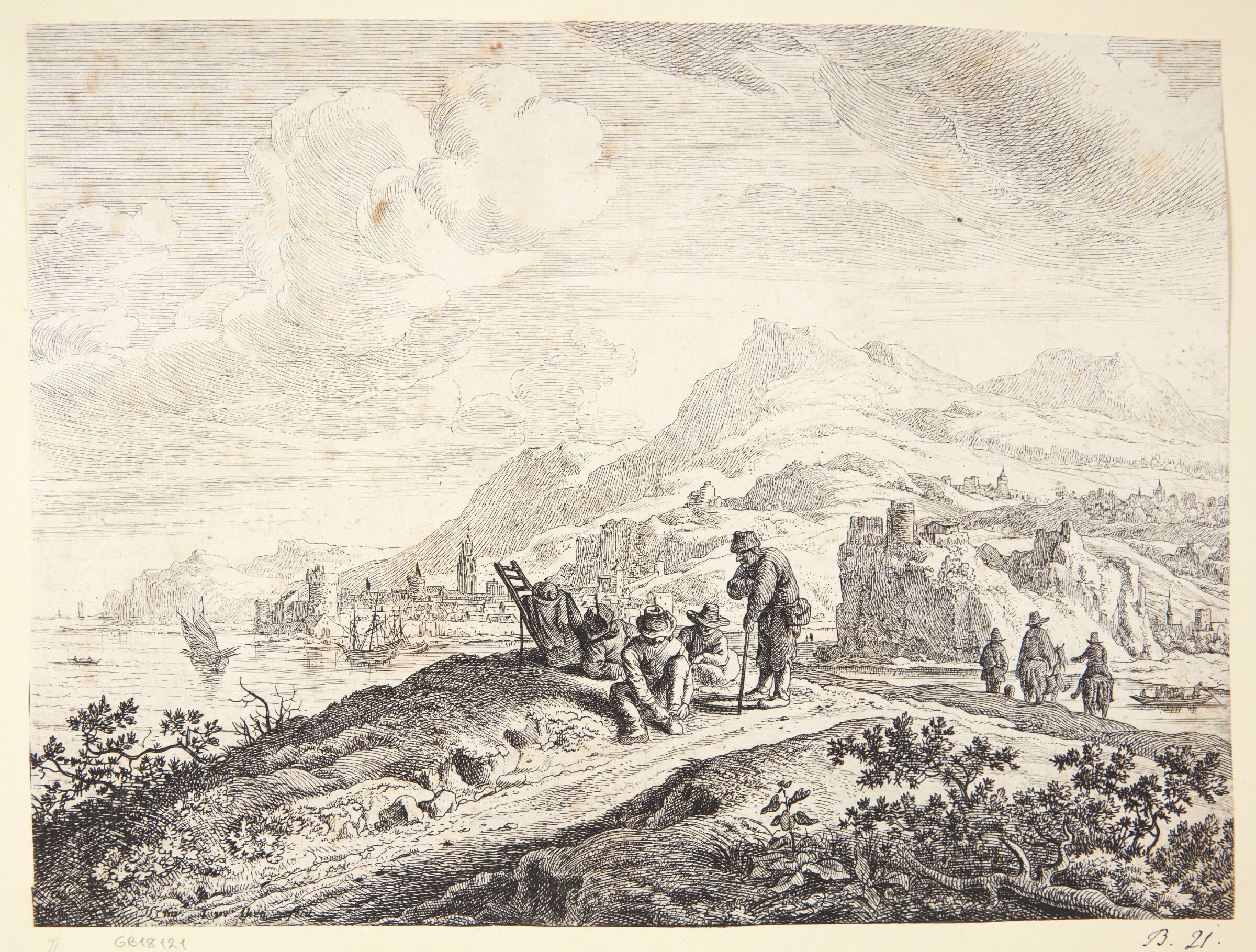 Prospekt af Rhinen, rejsende holder hvil på en bakketop, Jan van Aken, 1614-1661
