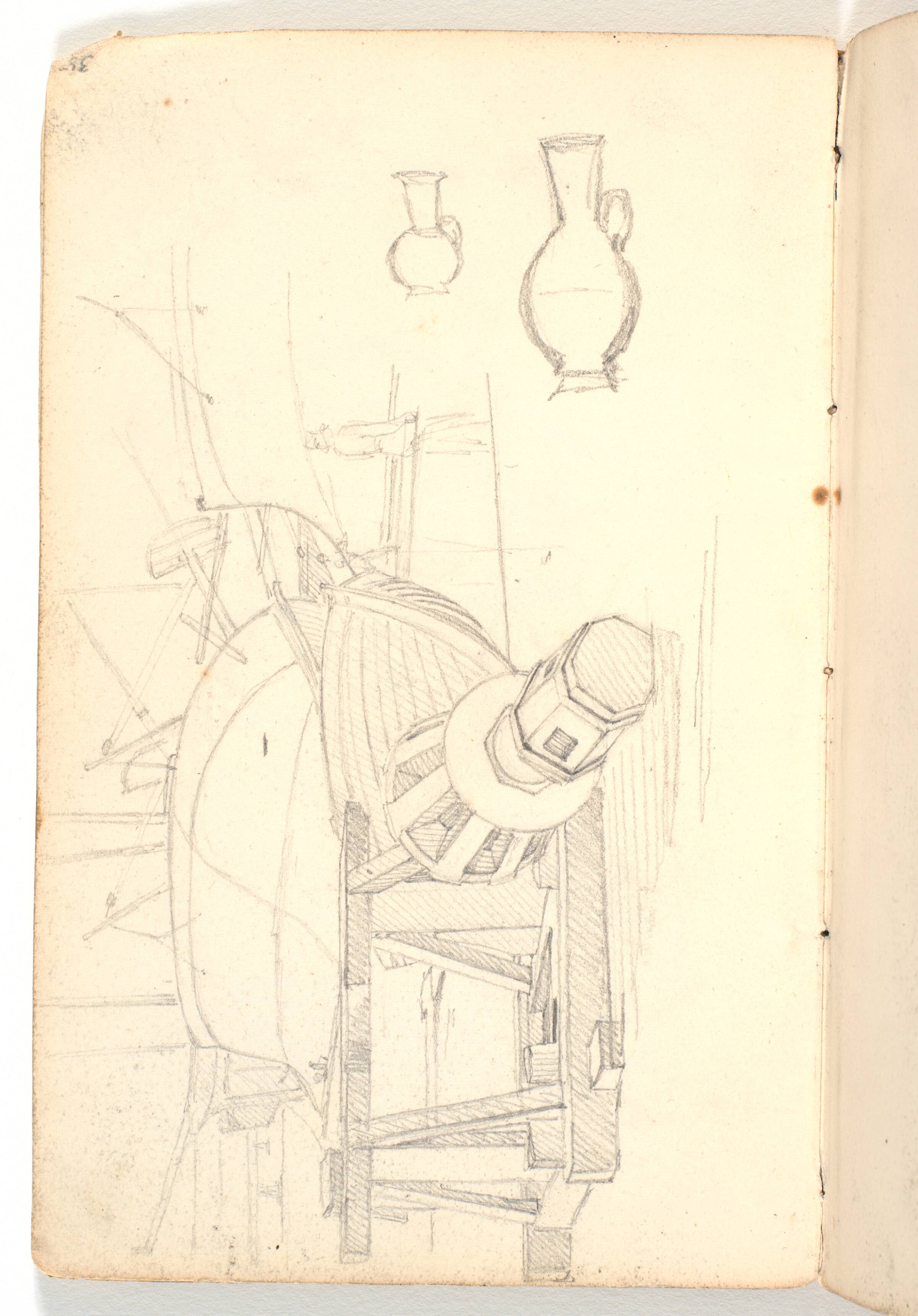 Parti fra en havn med både trukket i land, samt rids af to vaser, Martinus Rørbye, 1825-1826