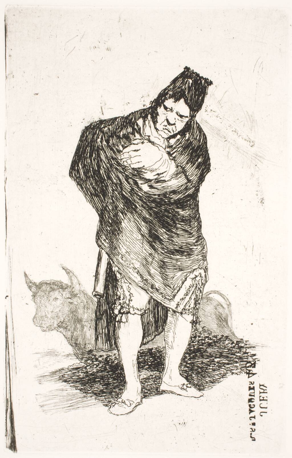 Andalusisk smugler, med tyr (El embozado / El torero anciano), Francisco de Goya, 1826-1828
