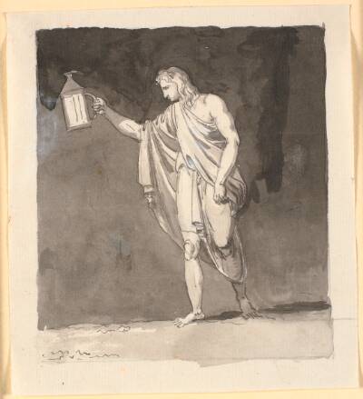 Diogenes der lyser i mørket med en lygte