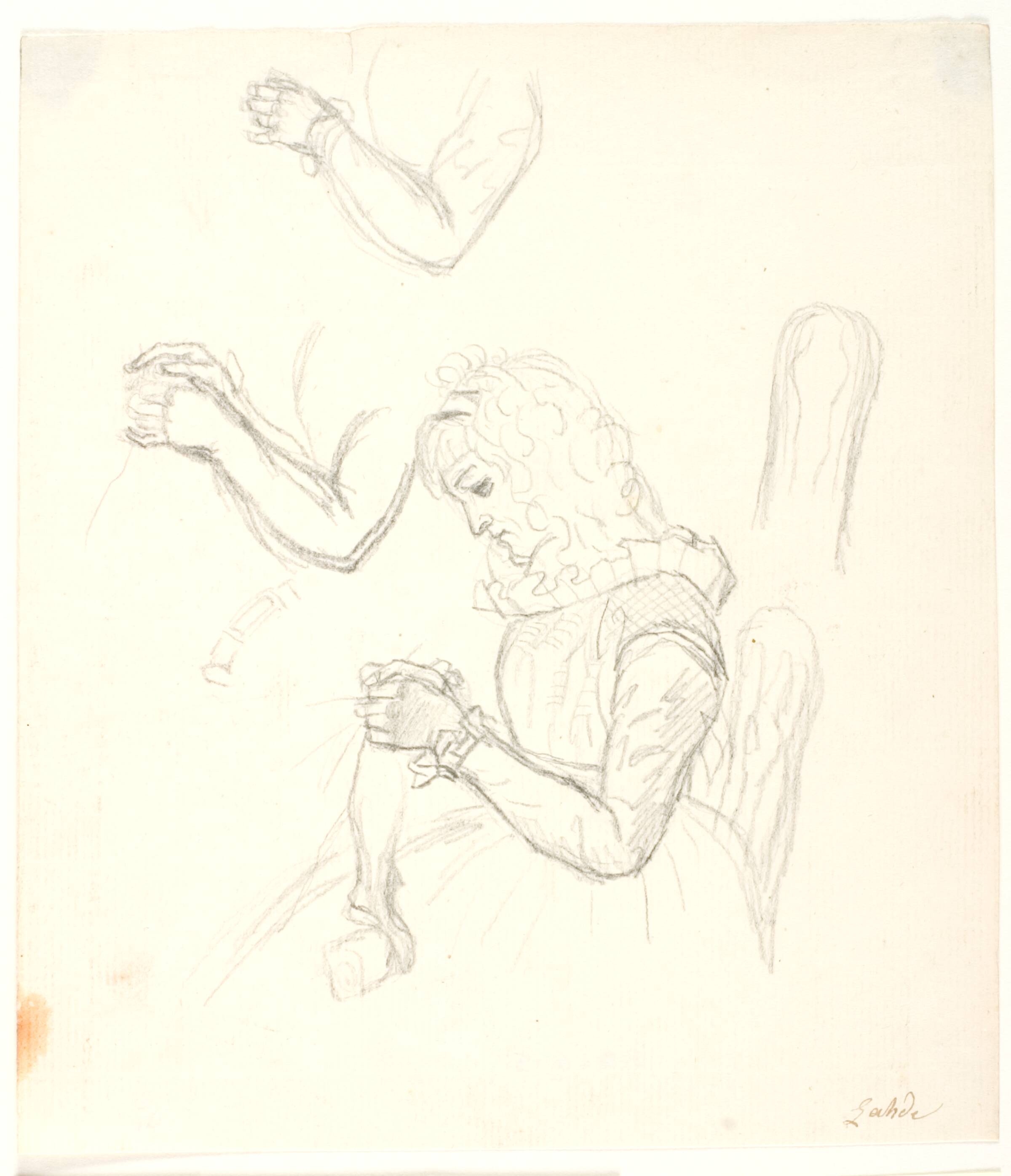 Siddende strikkende dame. Desuden to armstudier, Gerhard Ludvig Lahde, 1765-1833