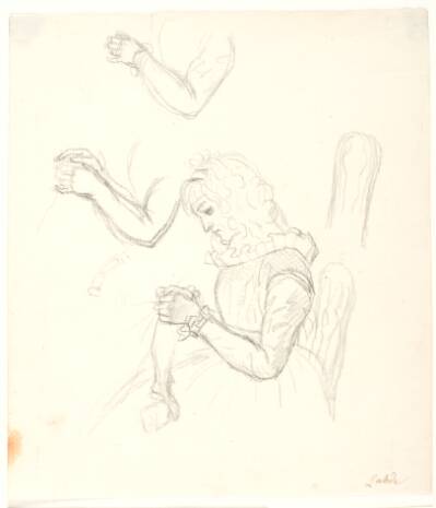 Siddende strikkende dame. Desuden to armstudier