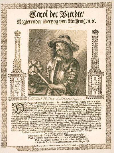 Karl IV, hertug af Lothringen. Flyveblad om den franske invasion af Lothringen 1670 (Carol der Vierdte ...)