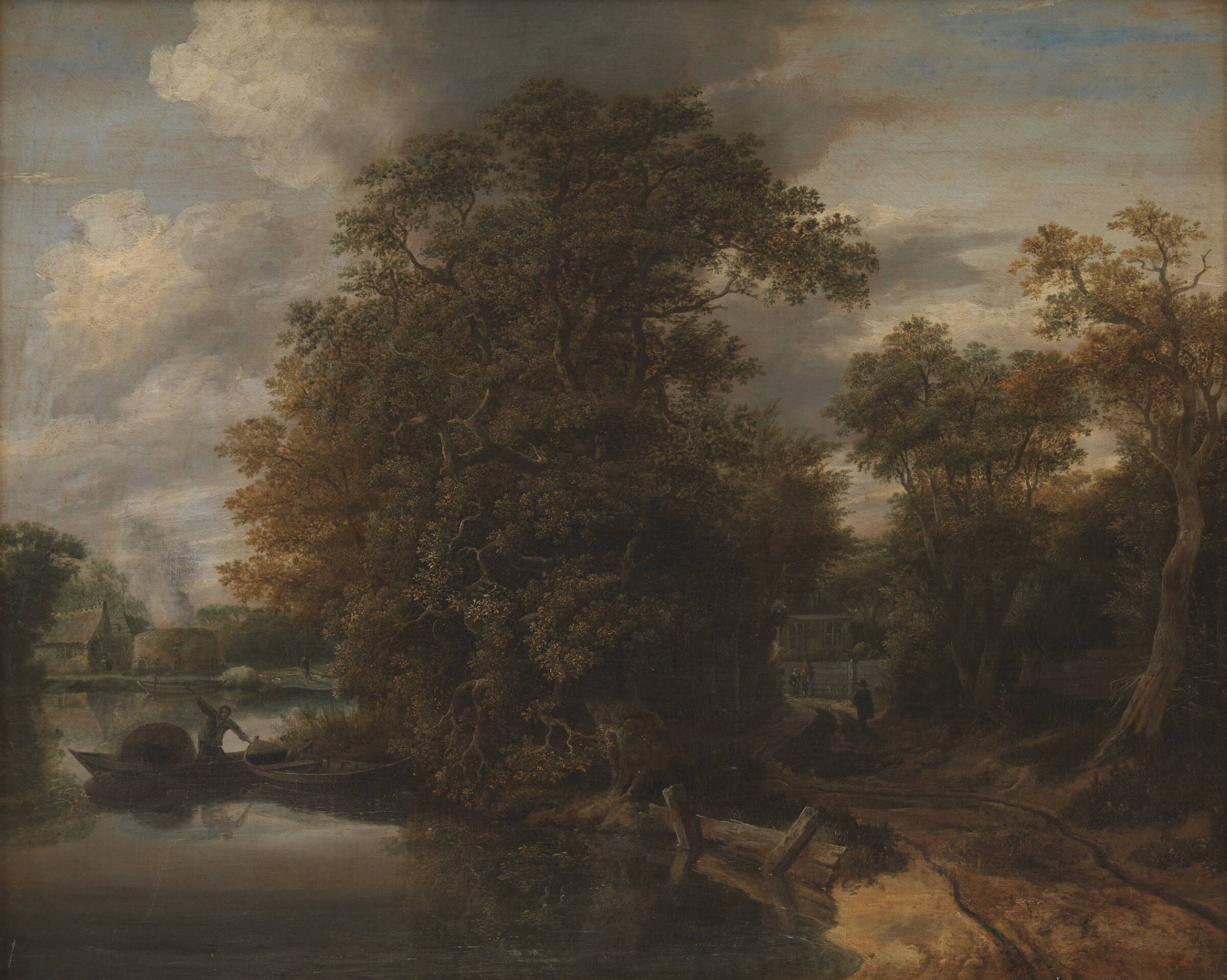 Landskab ved en flod. I baggrunden en kalkovn, Cornelis Gerritsz Decker, 1640-1678