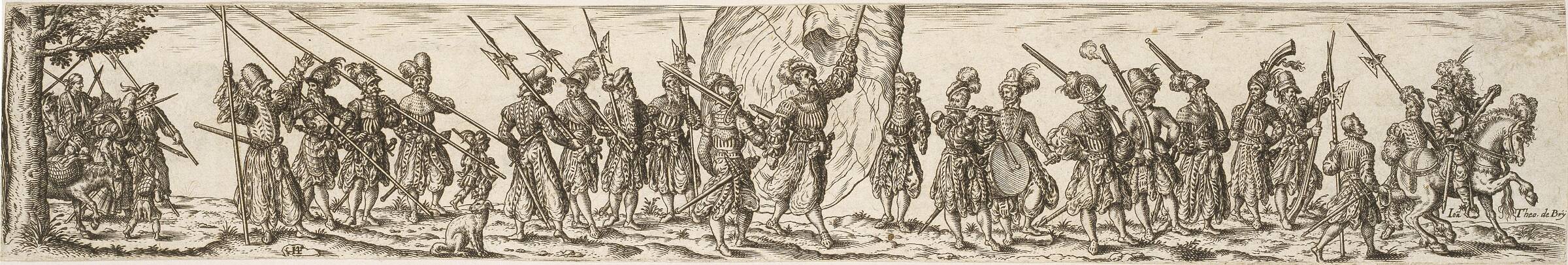 Soldatertog, i midten en fanebærer, Jan Theodor de Bry, 1561-1623