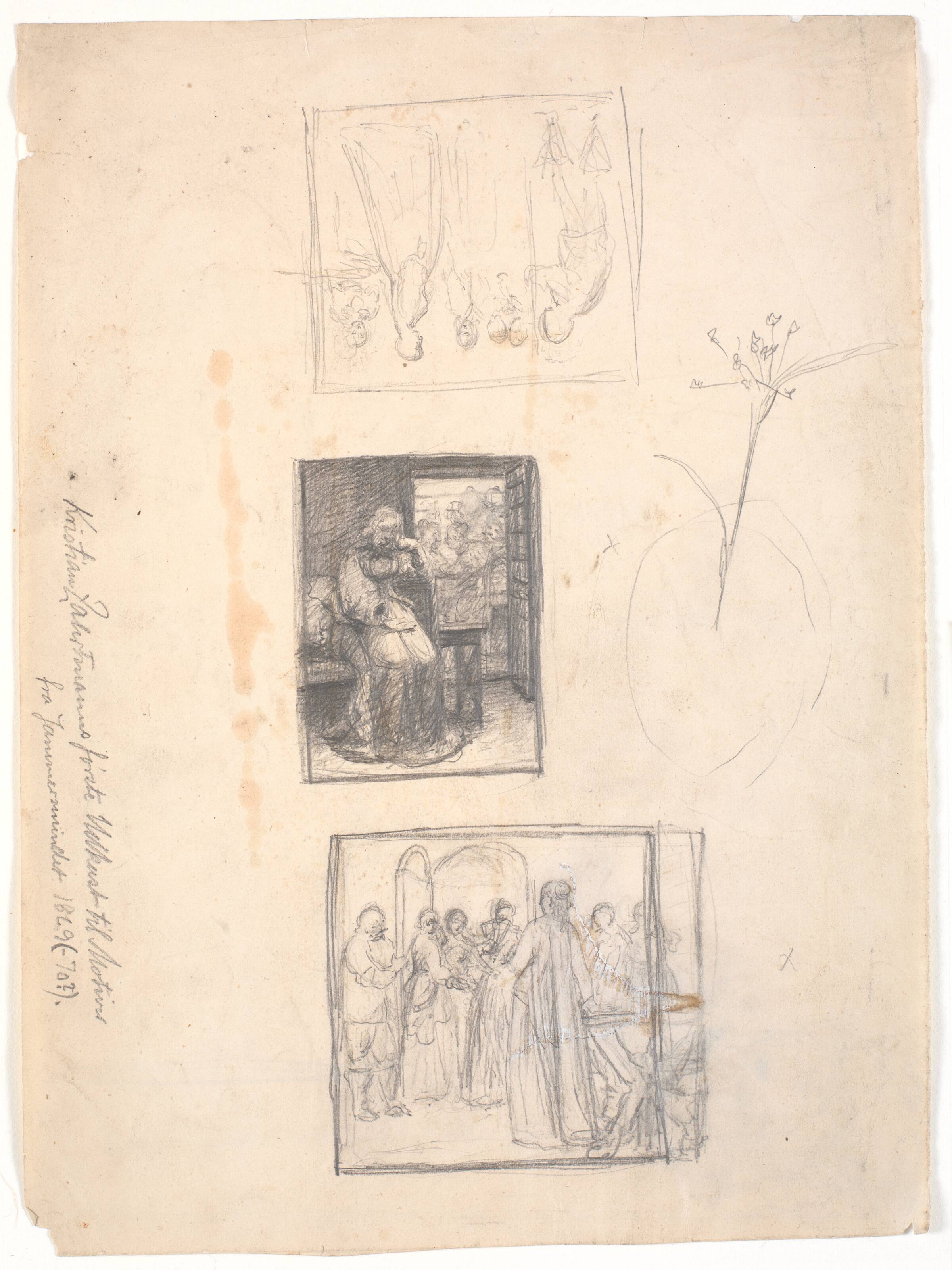 Blad med tre indrammede udkast til første Leonora Christine billeder samt en blomsterstudie, Kristian Zahrtmann, 1869-1870