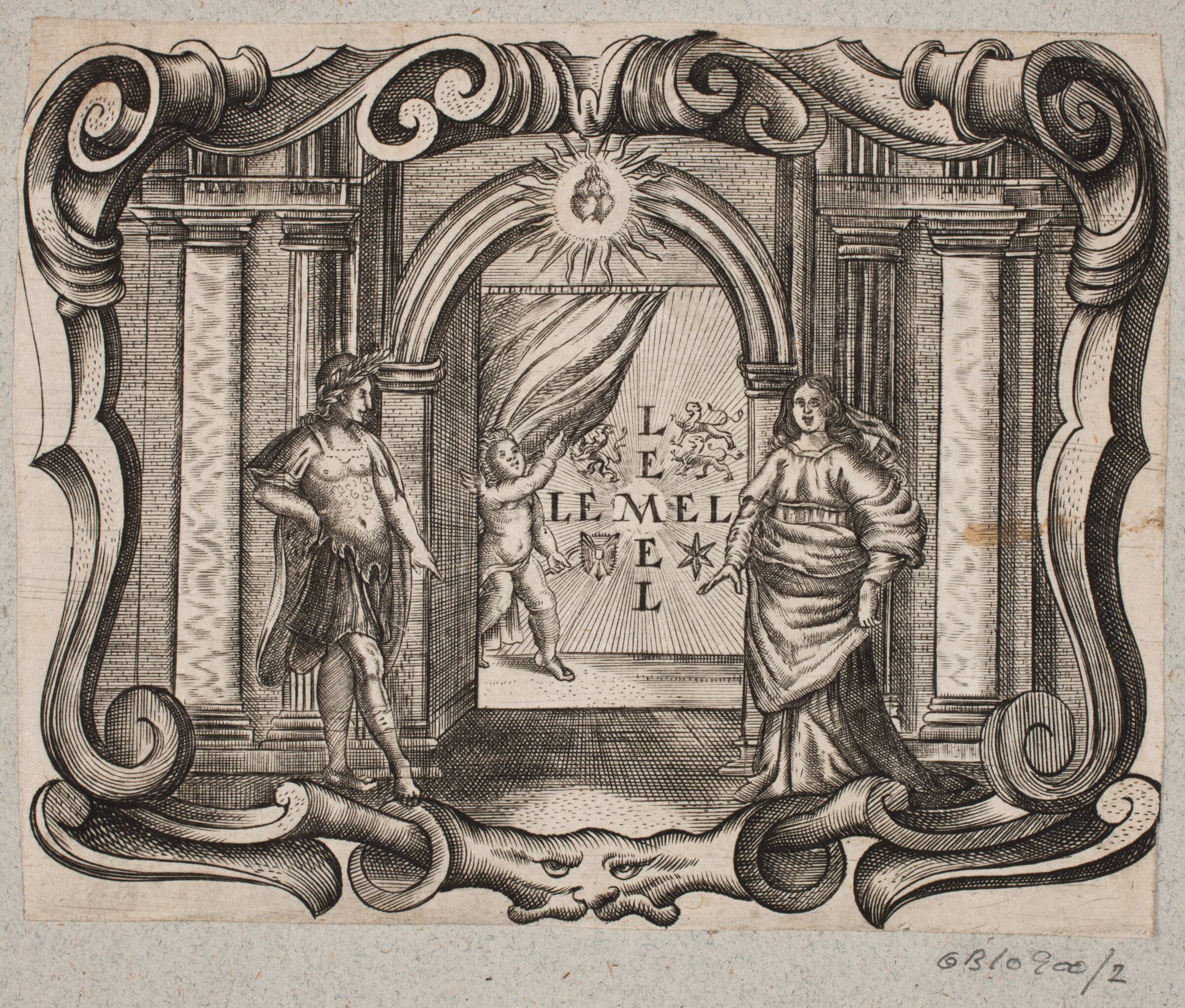 Emblem med portal, mand og kvinde, amorin og to brændende hjerter, Christian Rothgiesser, 1645-1659