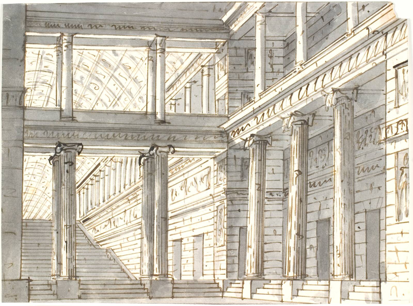 Paladsinteriør med søjler og trappe, Aron Wallick, 1803-1809