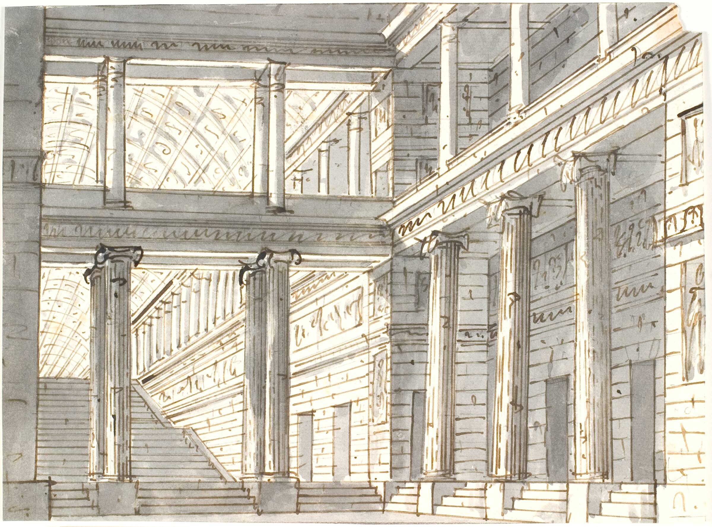 Paladsinteriør med søjler og trappe, Aron Wallick, 1803-1809