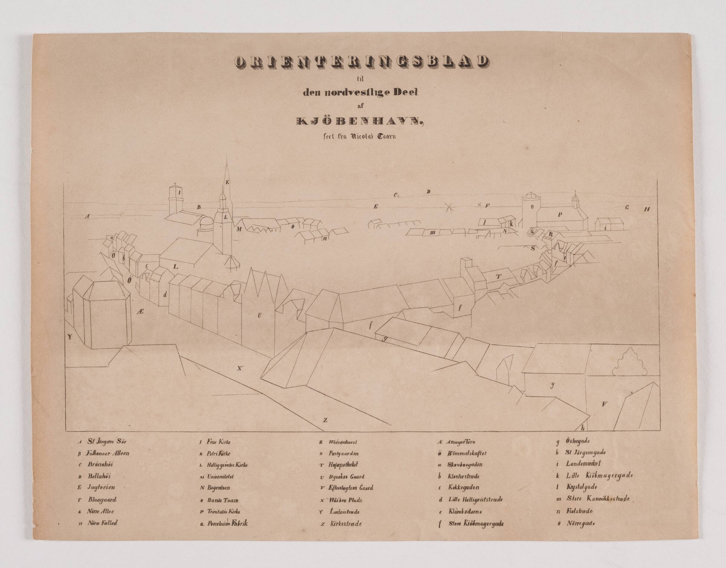 København set fra Nikolaj Tårn, orienteringsblad til den nordvestlige del, Søren Henrik Petersen, 1837