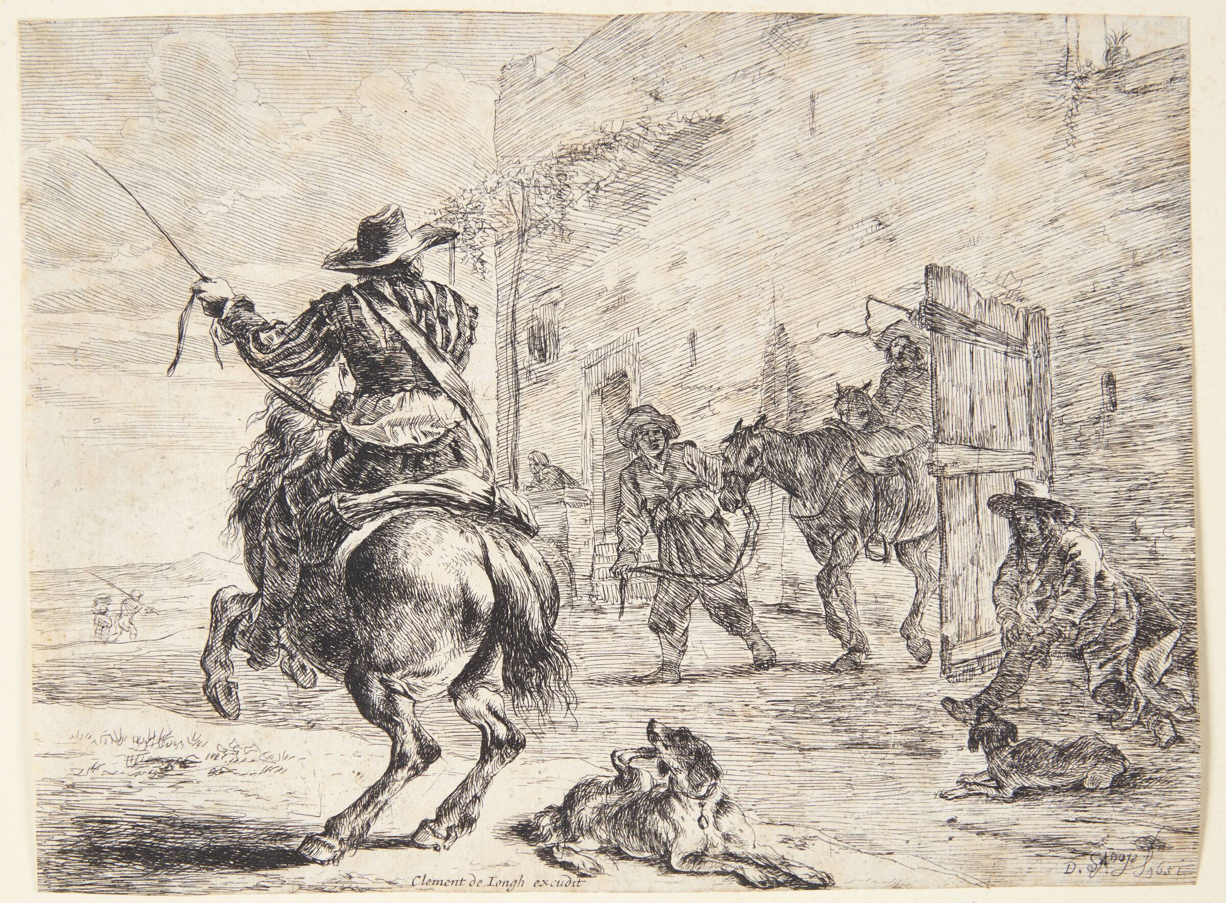 Stejlende hest ved en stald, Dirk Stoop, 1651