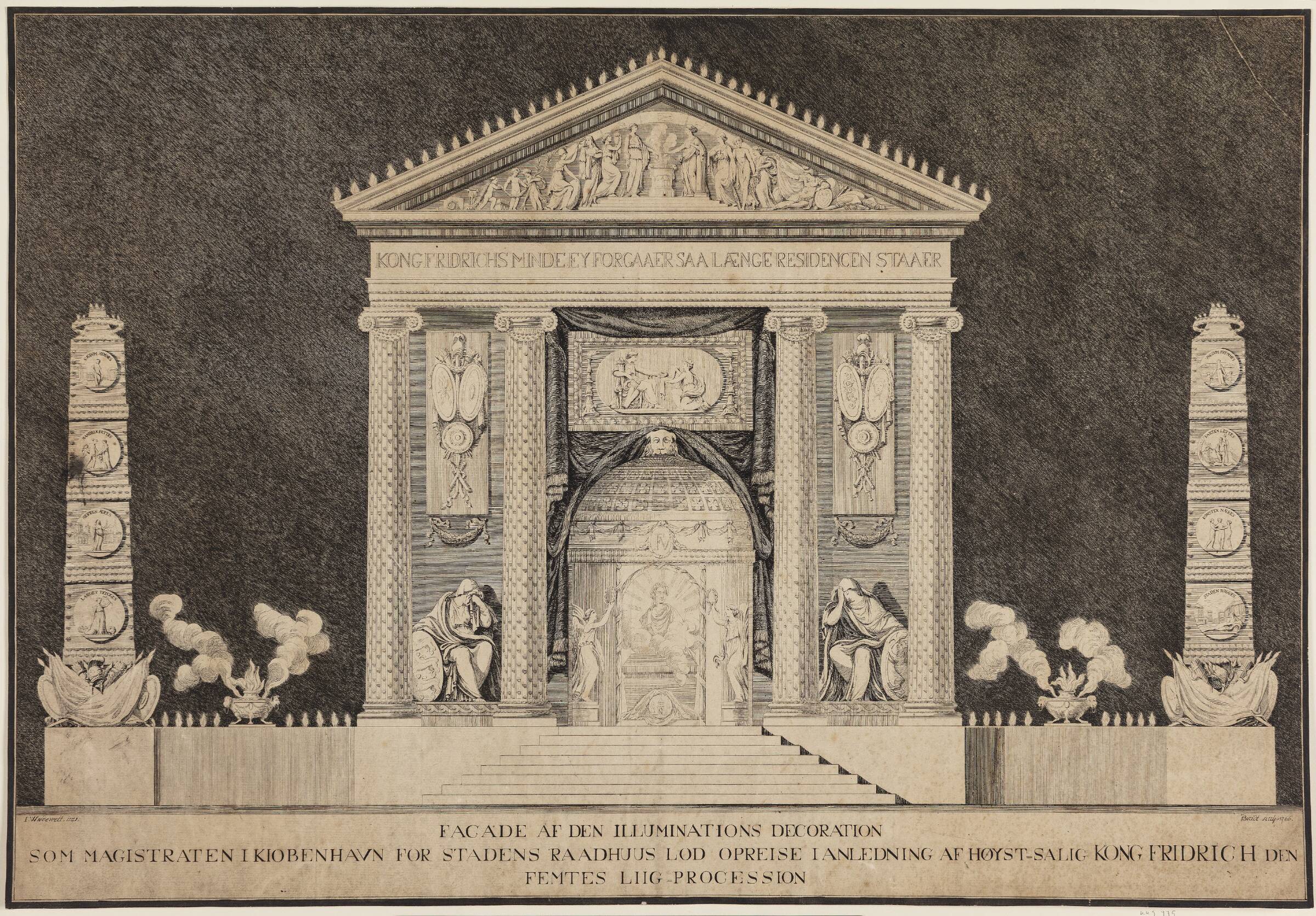 Illuminationsdekoration foran Københavns Rådhus ved Frederik V`s ligprocession 1766, J.G. Bradt, 1766