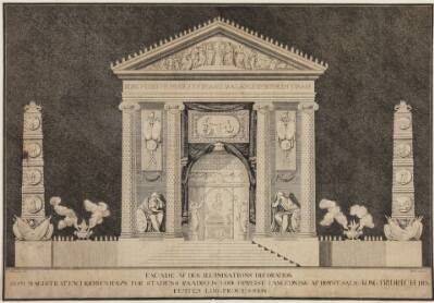 Illuminationsdekoration foran Københavns Rådhus ved Frederik V`s ligprocession 1766