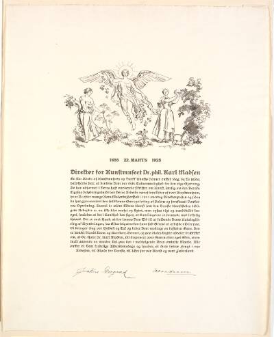 Allegorisk tegning på adresse til museumsdirektør Karl Madsen i anledning af dennes 70-års dag d.22.3. 1925.