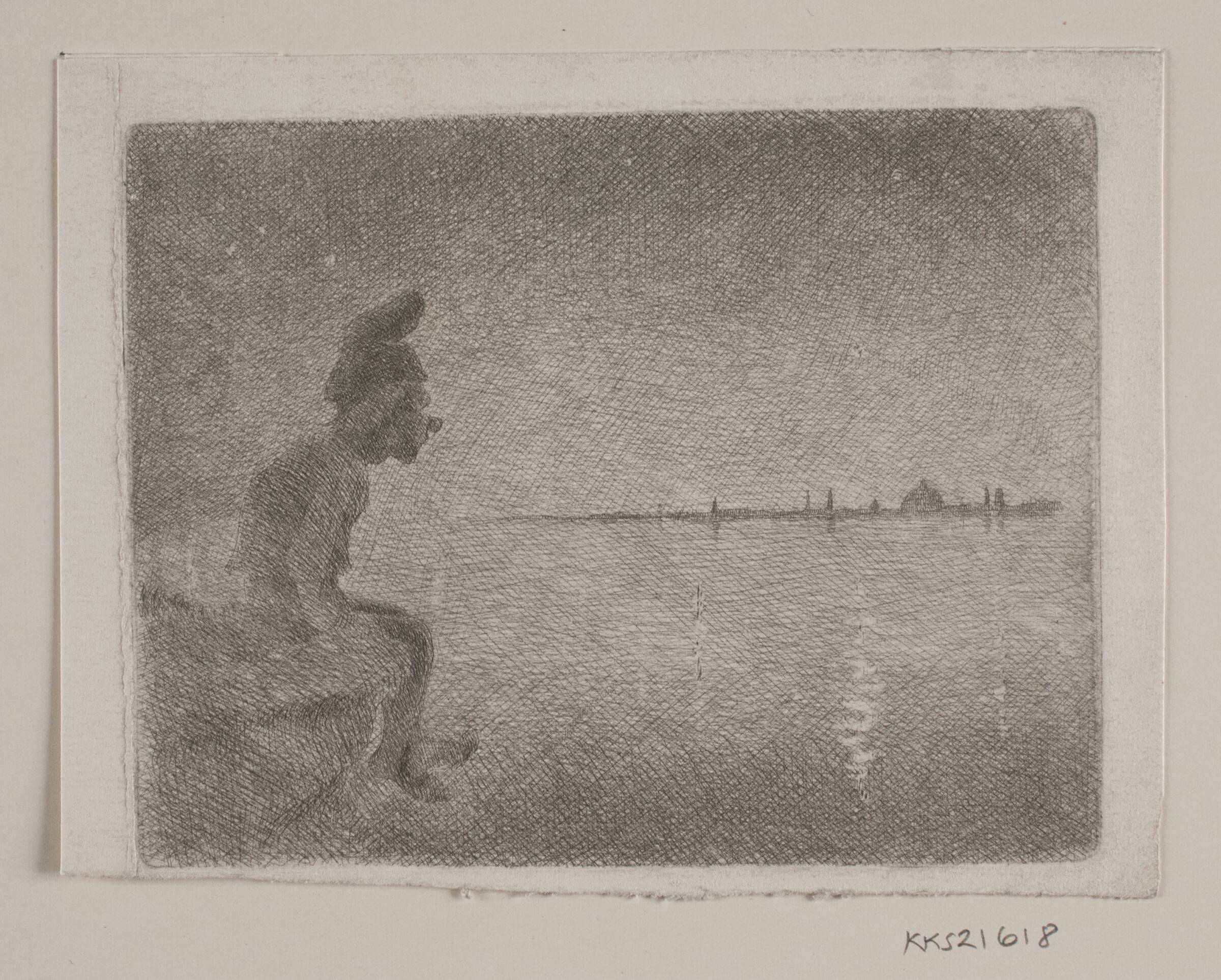 Siddende nisse, der ser over vandet mod København, aften, Rudolf Rud-Petersen, 1871-1961