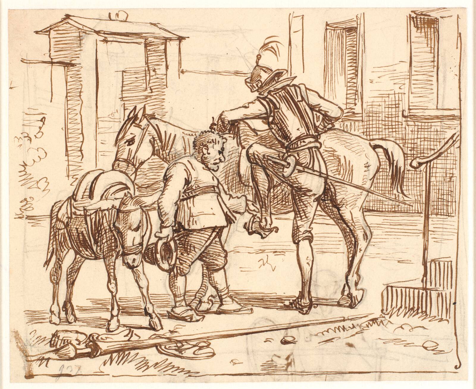 Don Quixote stiger til hest, Wilhelm Marstrand, 1810-1873