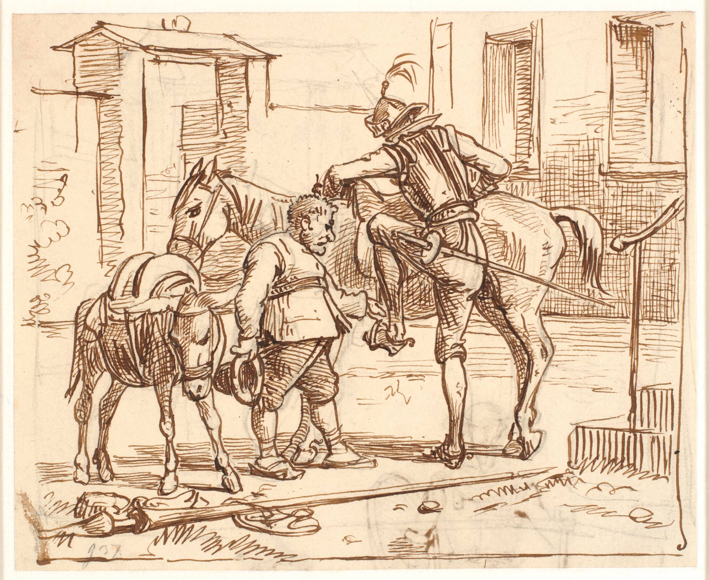 Don Quixote stiger til hest, Wilhelm Marstrand, 1810-1873