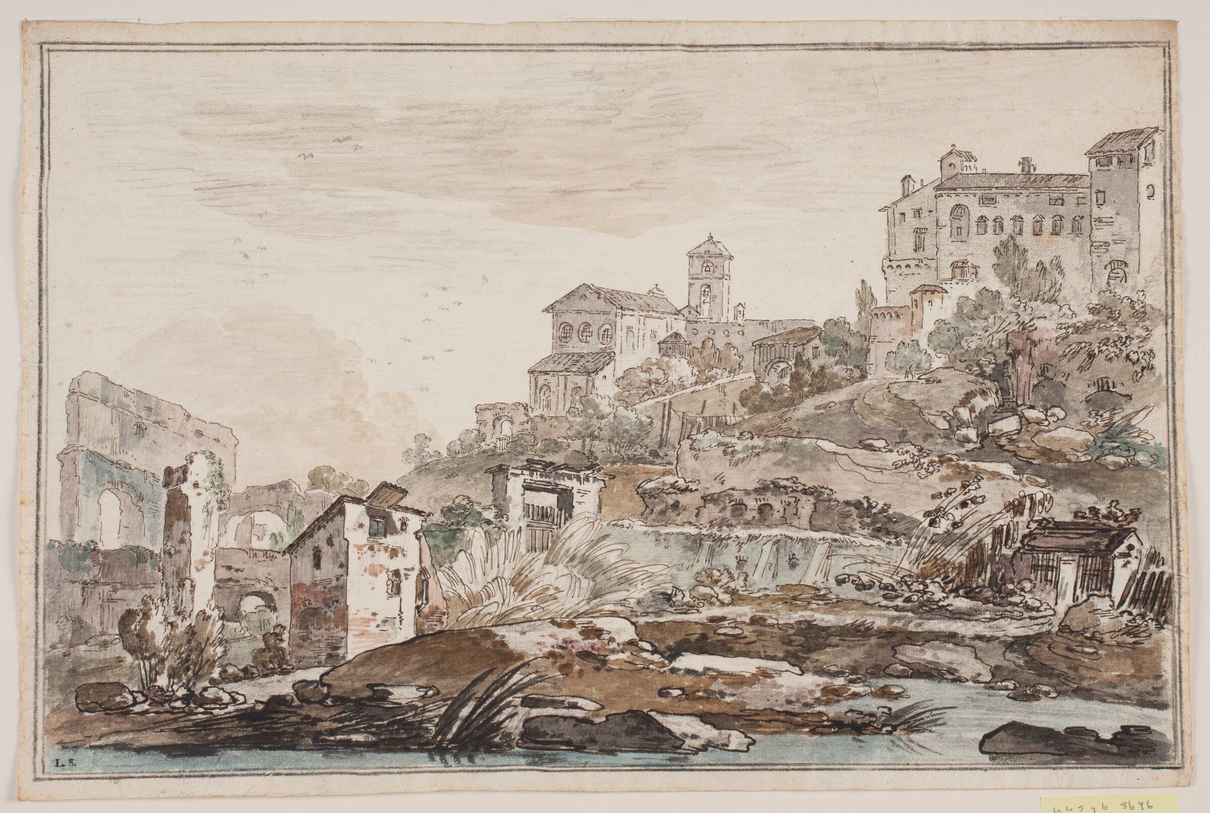 Byprospekt med ruiner og højtliggende kirke og palads, Jens Petersen Lund, 1730-1793