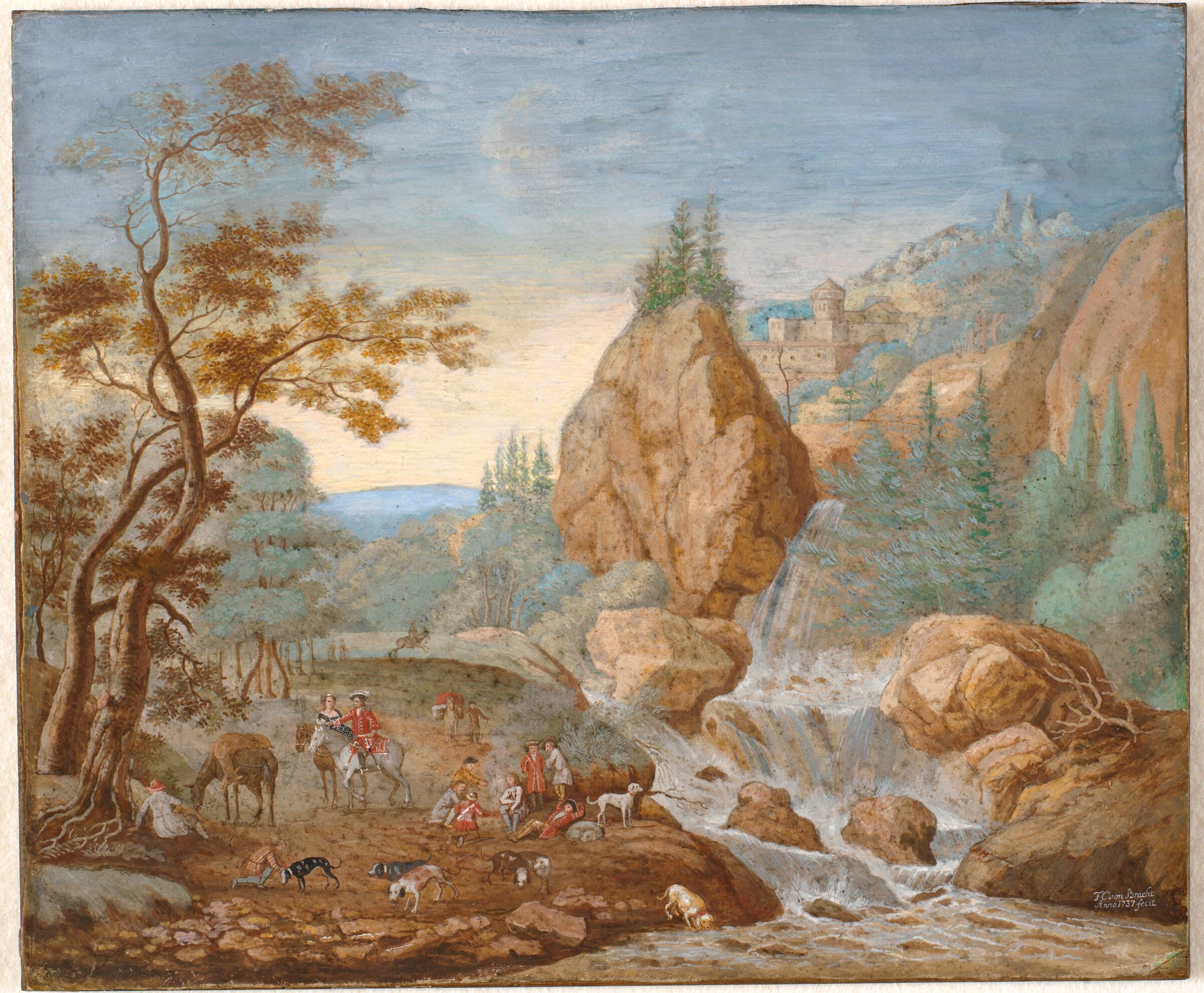 Bjerglandskab med jagtselskab i forgrunden, F.C. van Bracht, 1737