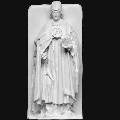 Relief fra gravmæle. Frontalt stående Adalbert (-1484) med stav og bibel